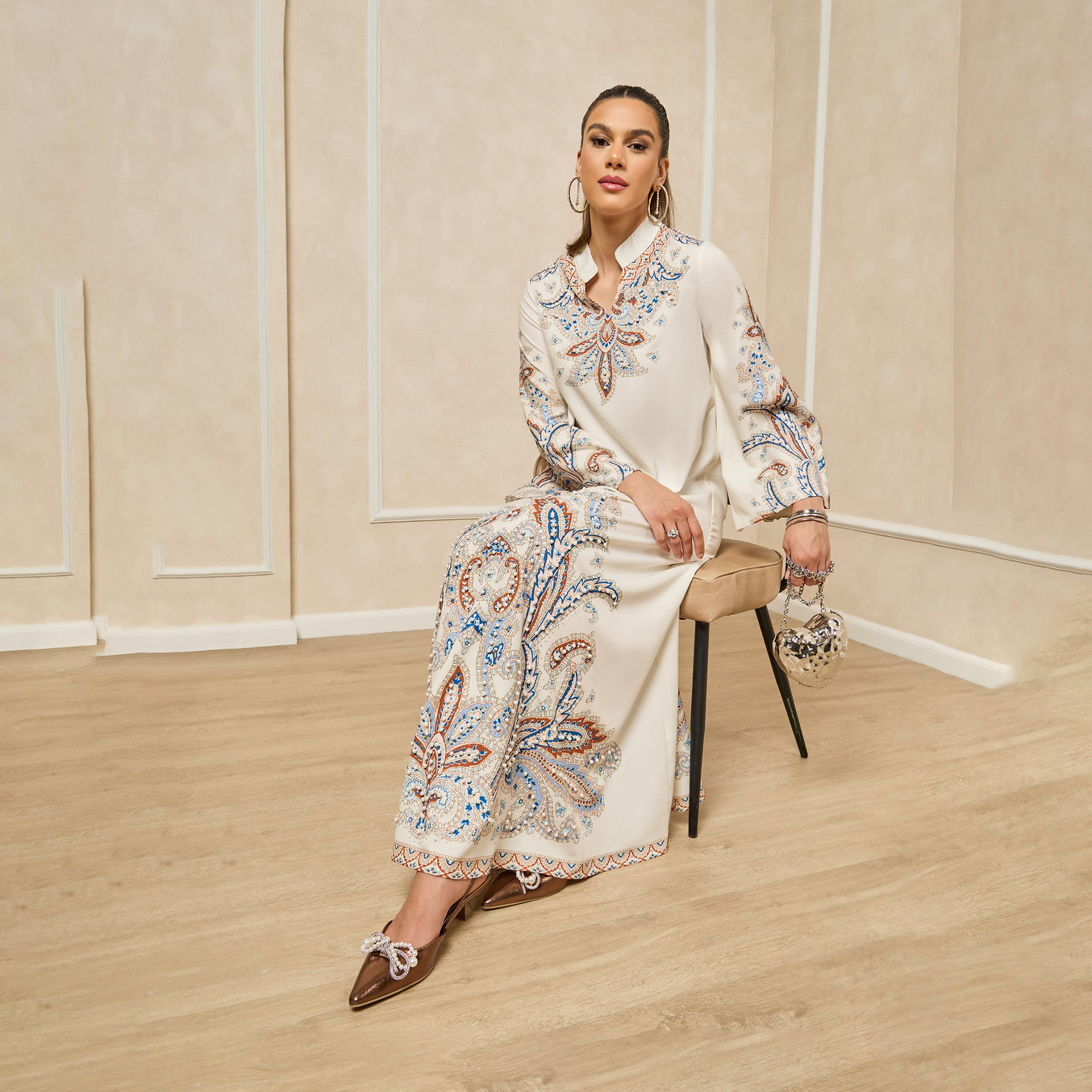 Styli Printed Stand Collar A-Line Jalabiya With Pearl Embellishment-women-arabicclothing-jalabiyas-image-2