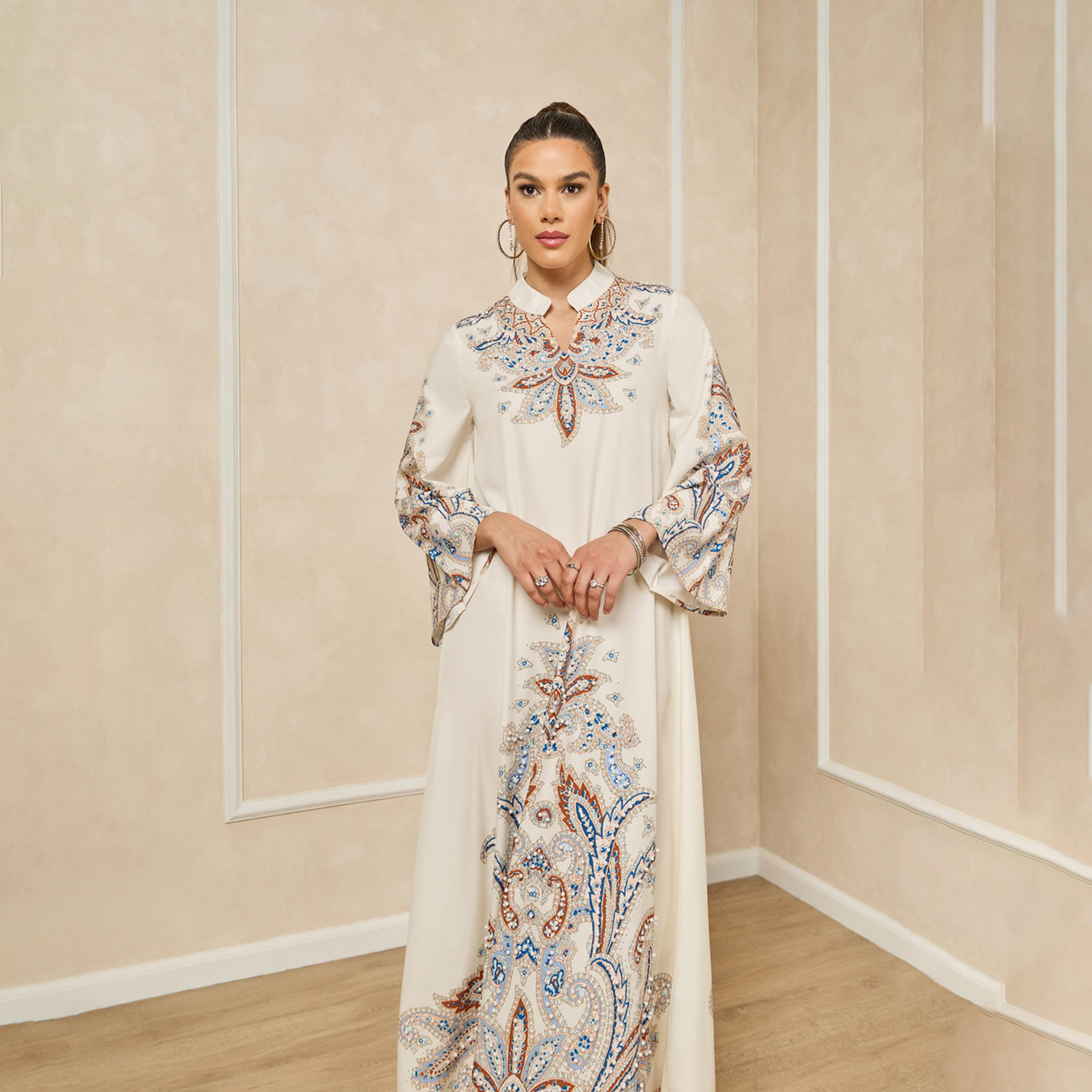 Styli Printed Stand Collar A-Line Jalabiya With Pearl Embellishment-women-arabicclothing-jalabiyas-image-3