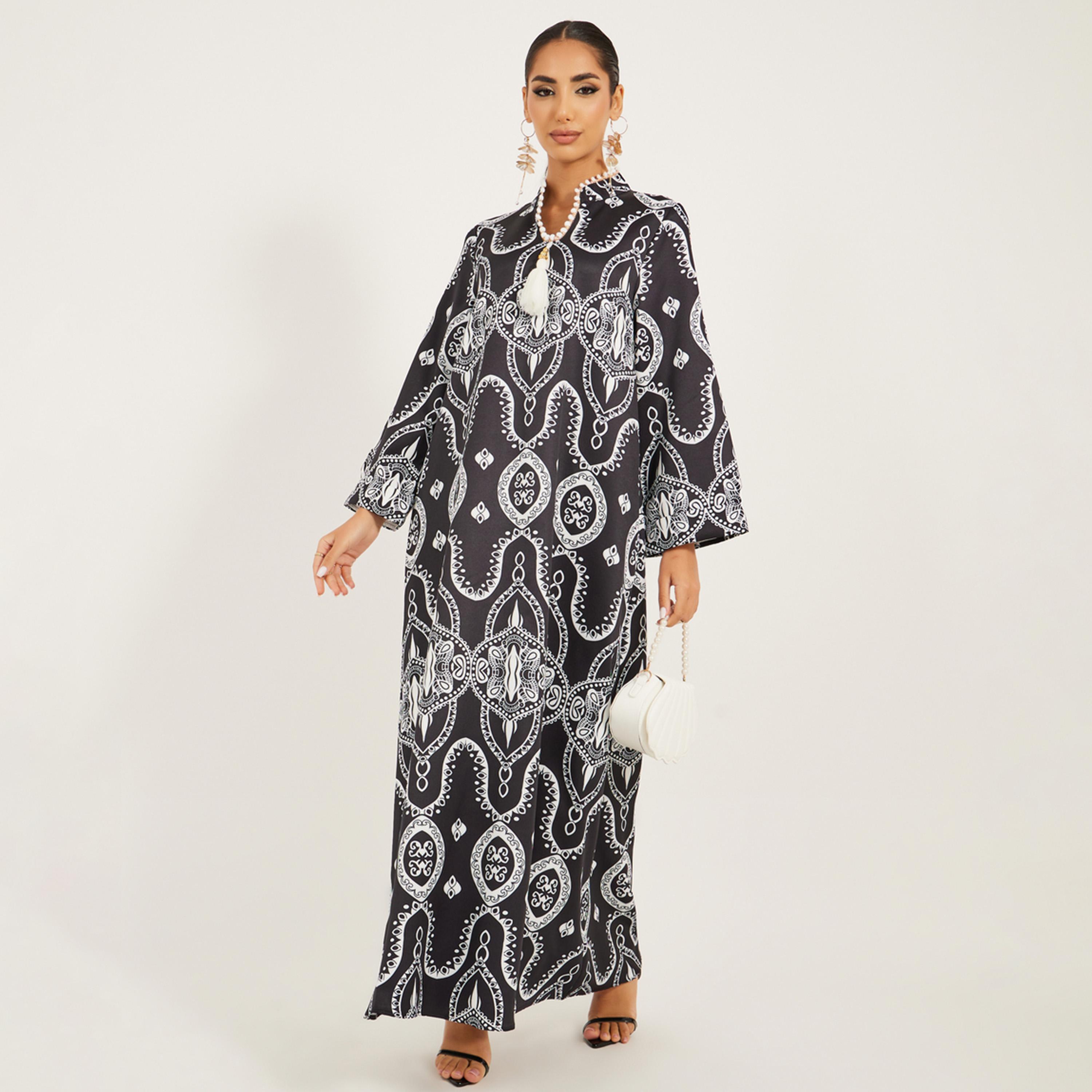 Styli Digital Print Satnd Collar Jalabiya With Lace And Tassel Trim At Neck-women-arabicclothing-jalabiyas-image-1