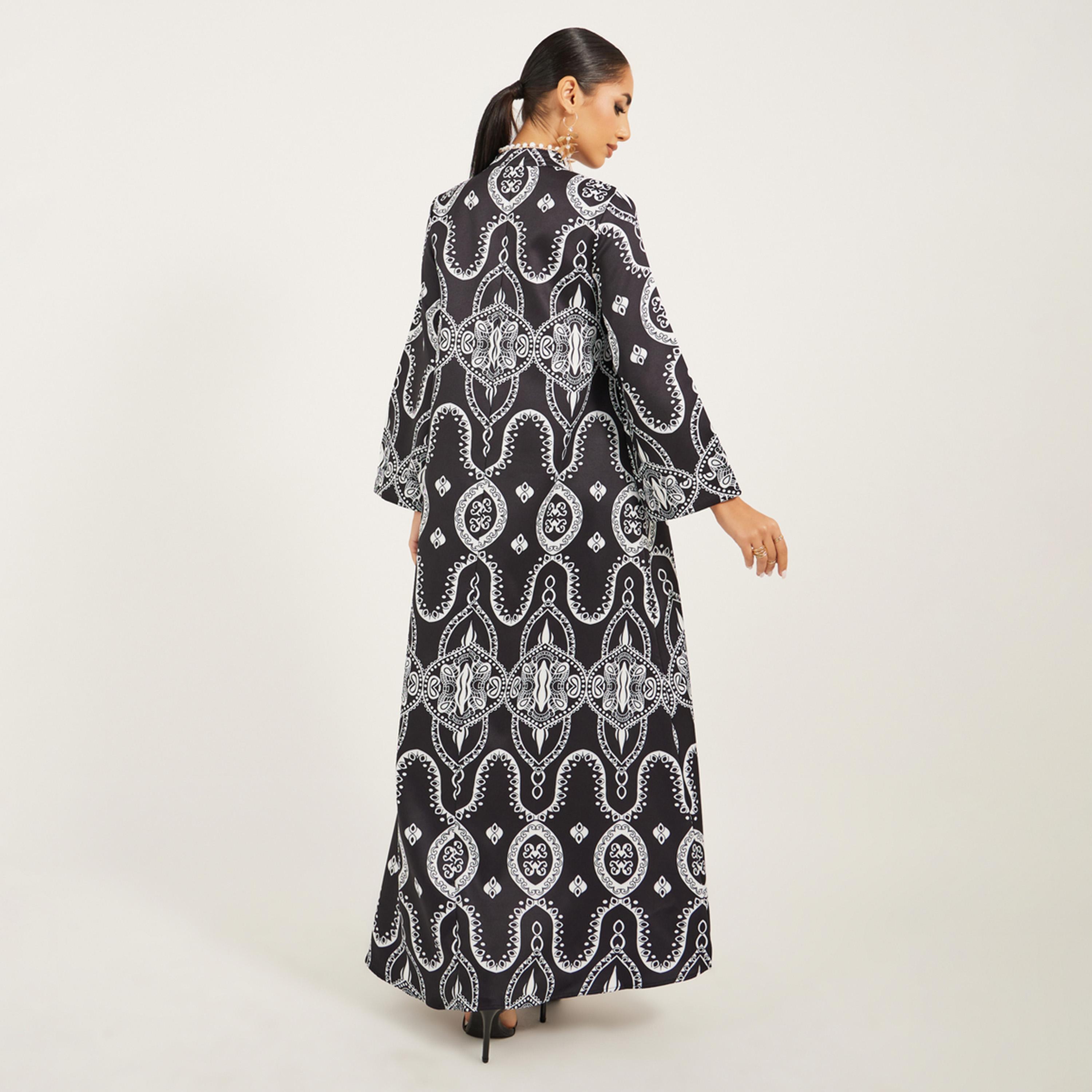 Styli Digital Print Satnd Collar Jalabiya With Lace And Tassel Trim At Neck-women-arabicclothing-jalabiyas-image-5