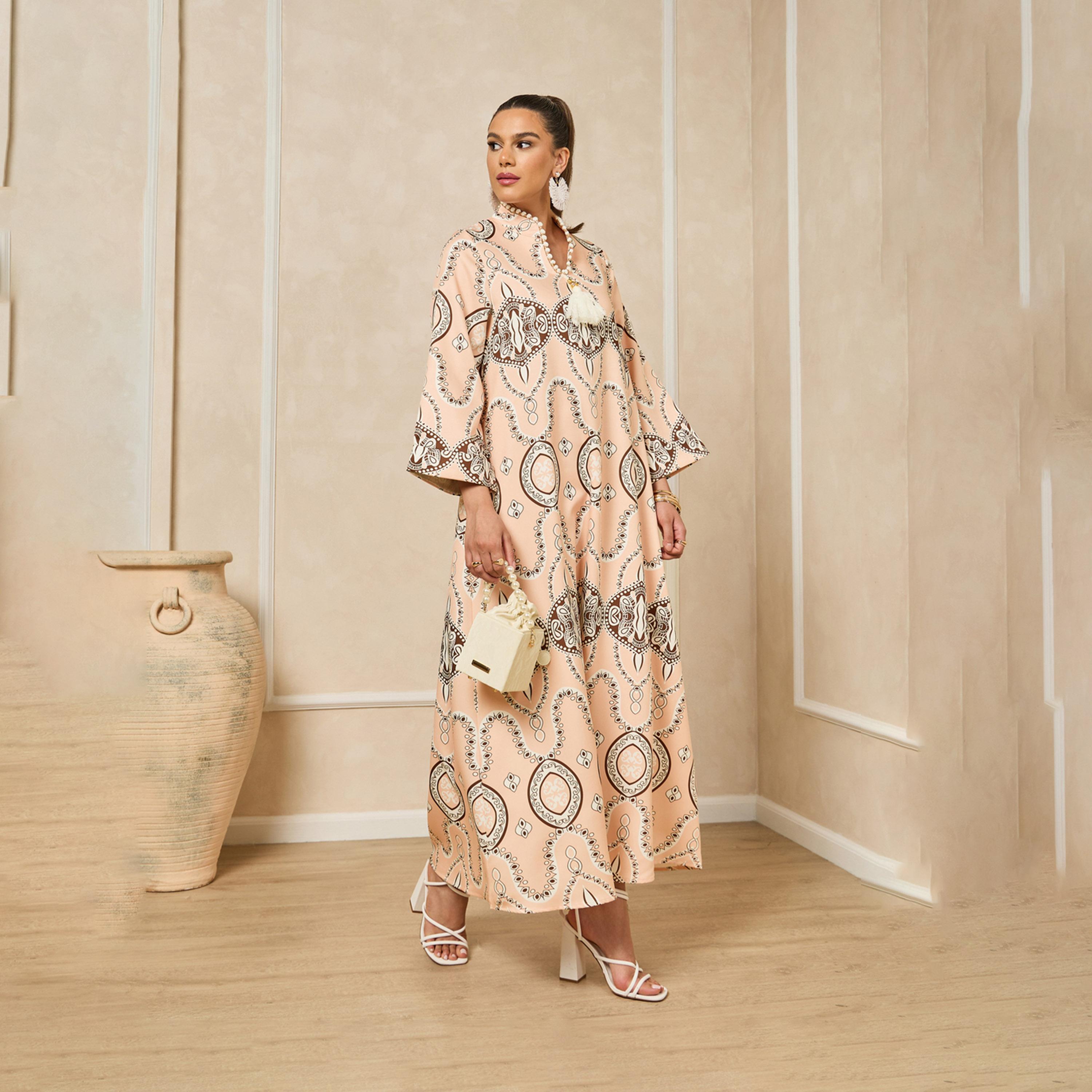 Styli All-Over Print Embroidered Stand Collar A-Line Jalabiya-women-arabicclothing-jalabiyas-image-2