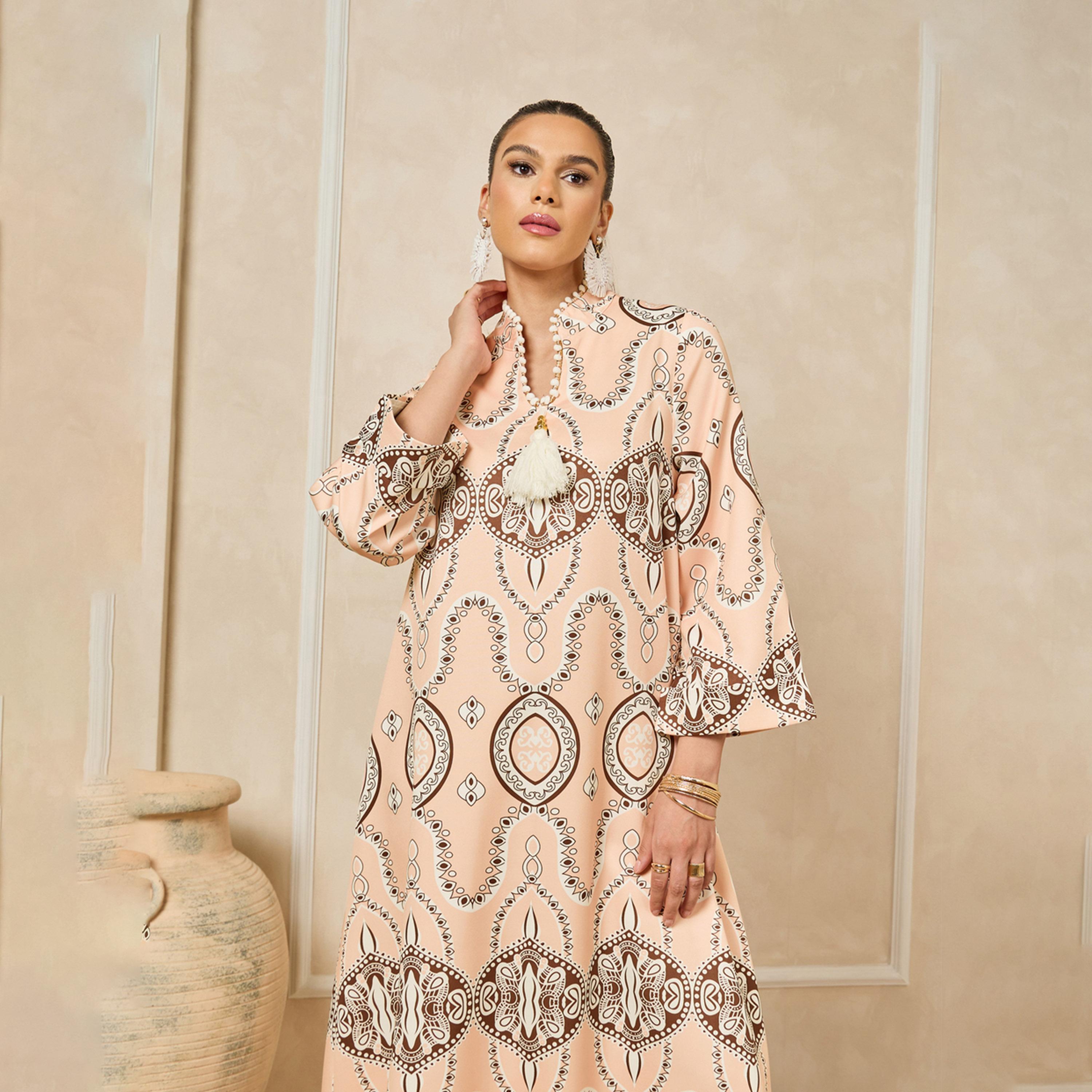 Styli All-Over Print Embroidered Stand Collar A-Line Jalabiya-women-arabicclothing-jalabiyas-image-3