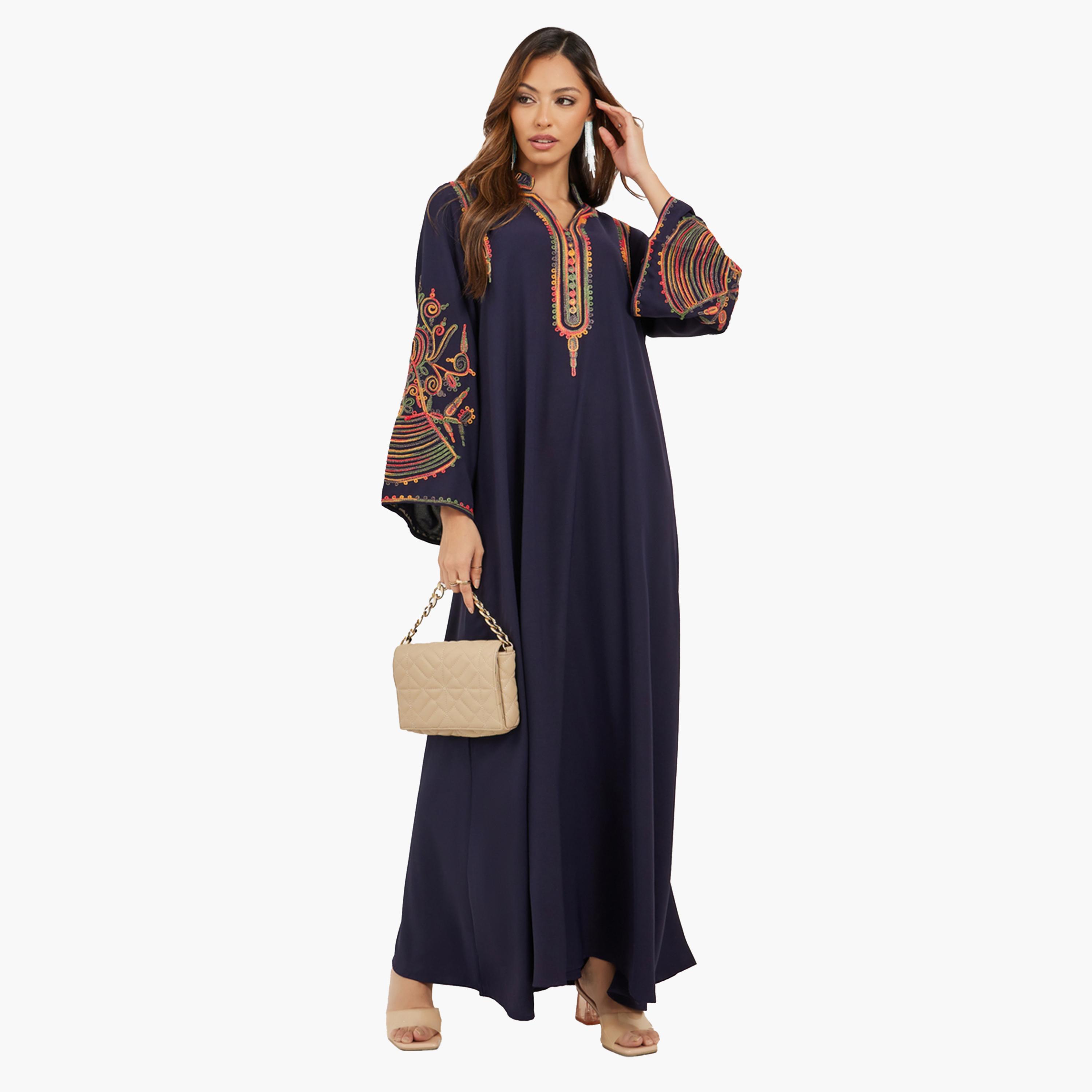 Amirah X Styli Navy Blue Embroidered Stand Collar Jalabiya-women-arabicclothing-jalabiyas-image-1