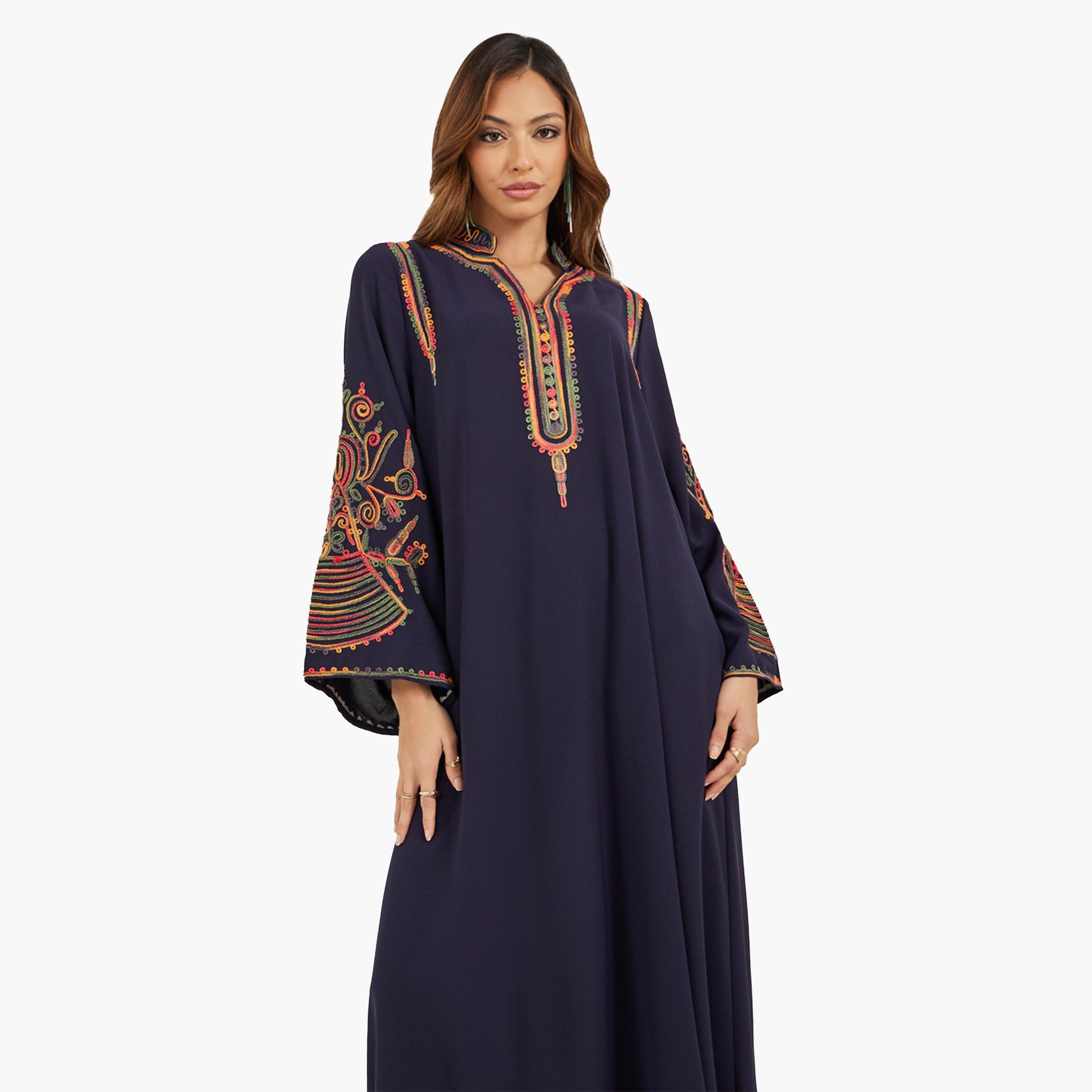 Amirah X Styli Navy Blue Embroidered Stand Collar Jalabiya-women-arabicclothing-jalabiyas-image-3