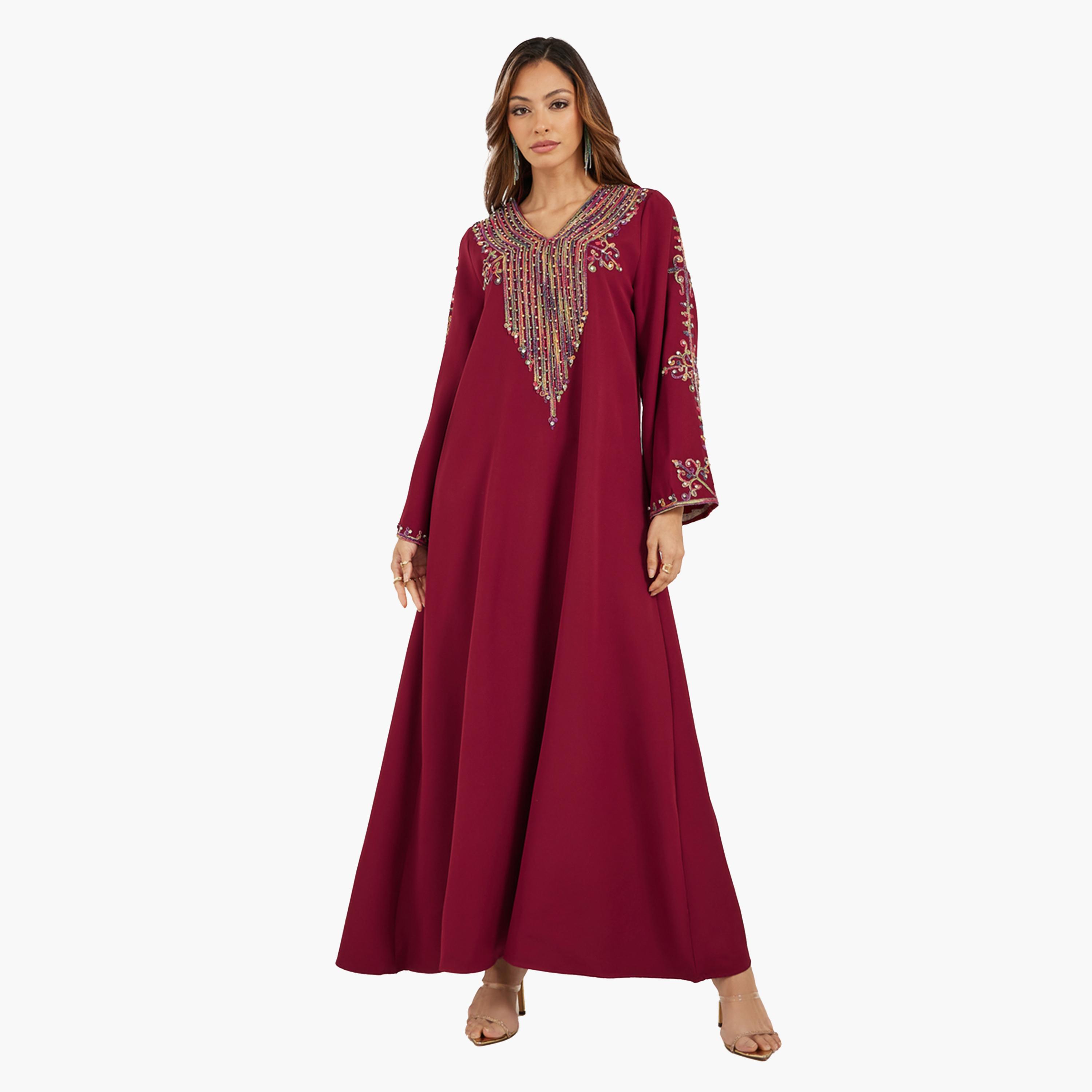 Styli Embroidered V Neck Jalabiya with Rhinestone Detail-women-arabicclothing-jalabiyas-image-1