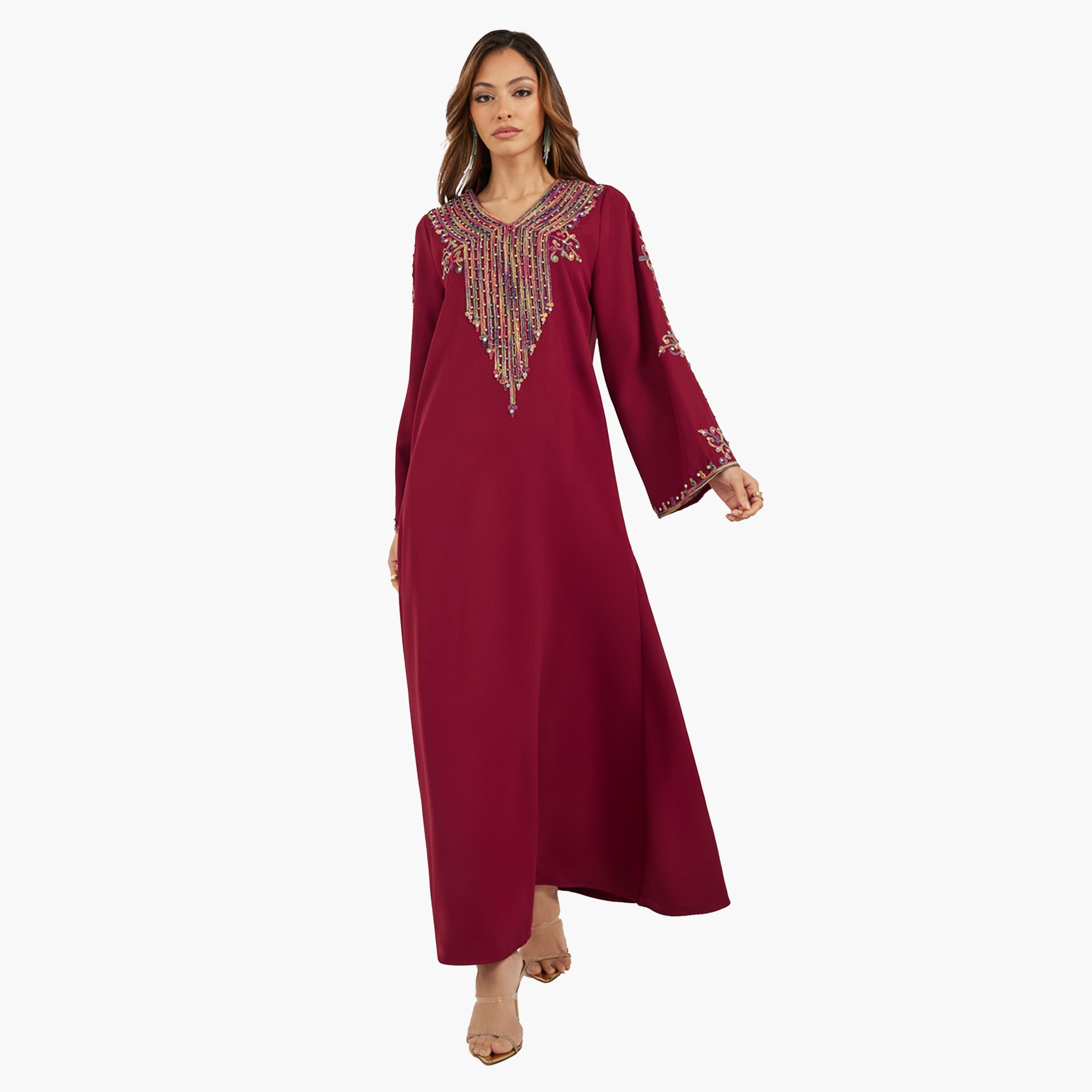 Styli Embroidered V Neck Jalabiya with Rhinestone Detail-women-arabicclothing-jalabiyas-image-2