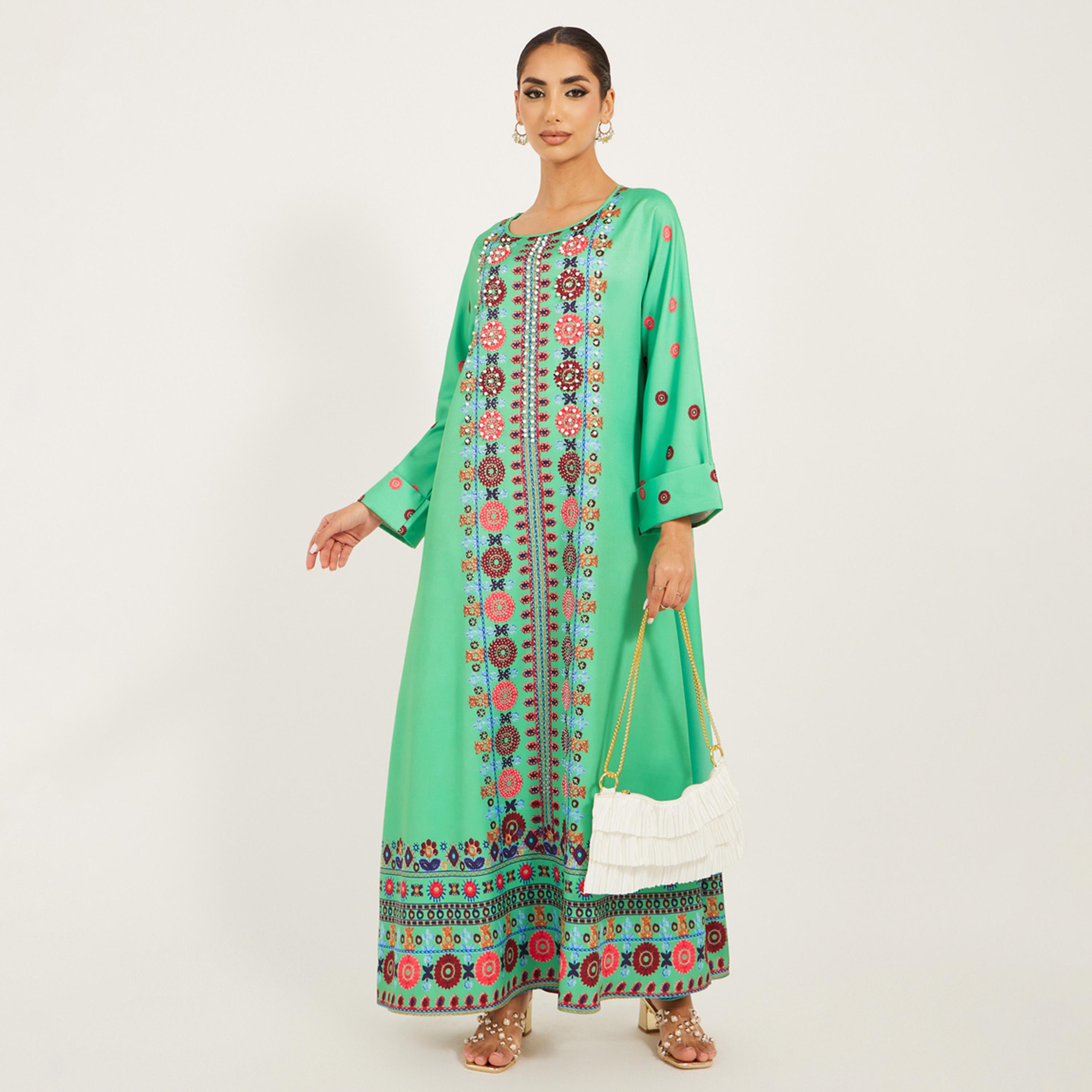 Amirah X Styli Panel Embroidery Jalabiya With Border At Hem-women-arabicclothing-jalabiyas-image-1