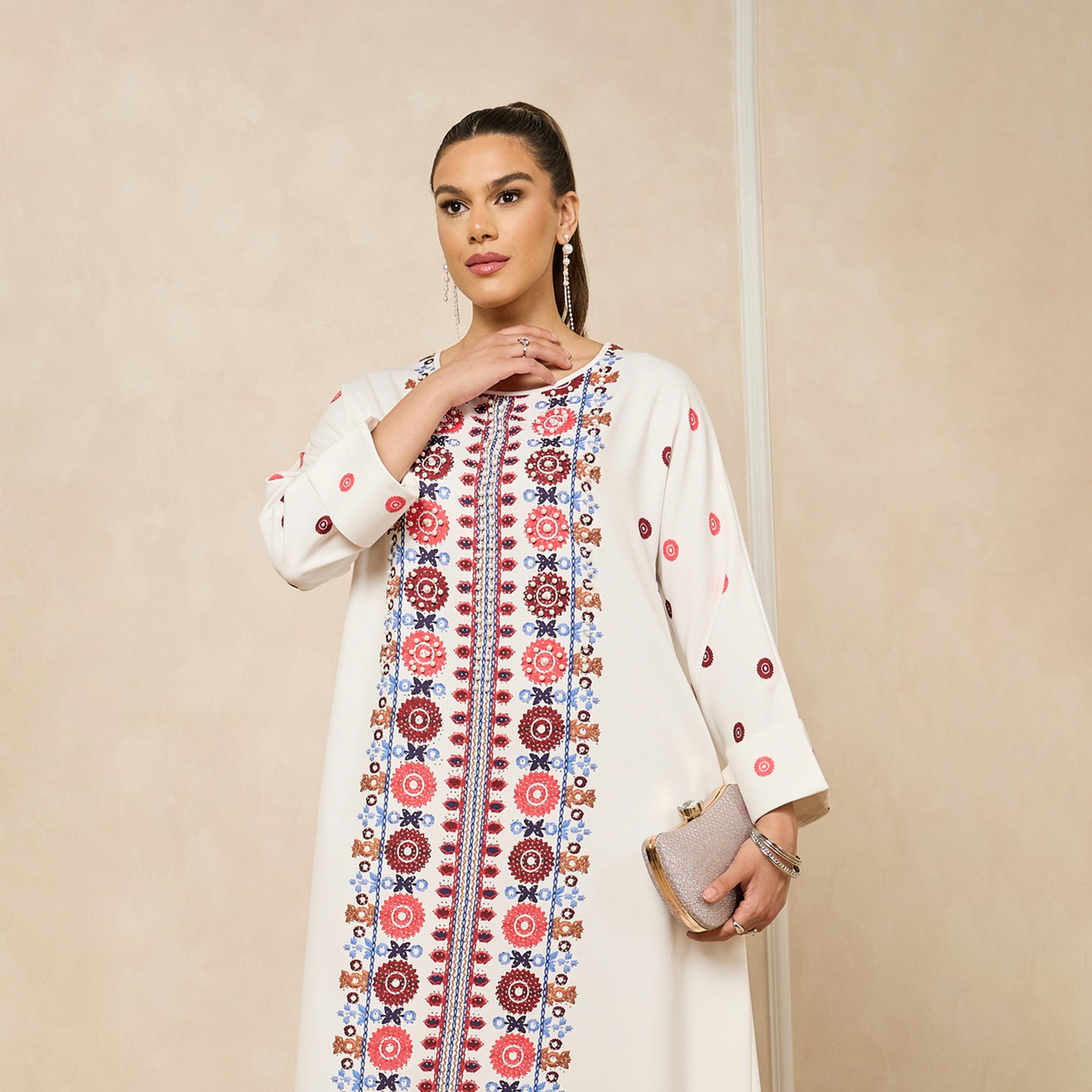 Styli Embroidered Panel Round Neck A-Line Jalabiya With Pearl Embellishment-women-arabicclothing-jalabiyas-image-3