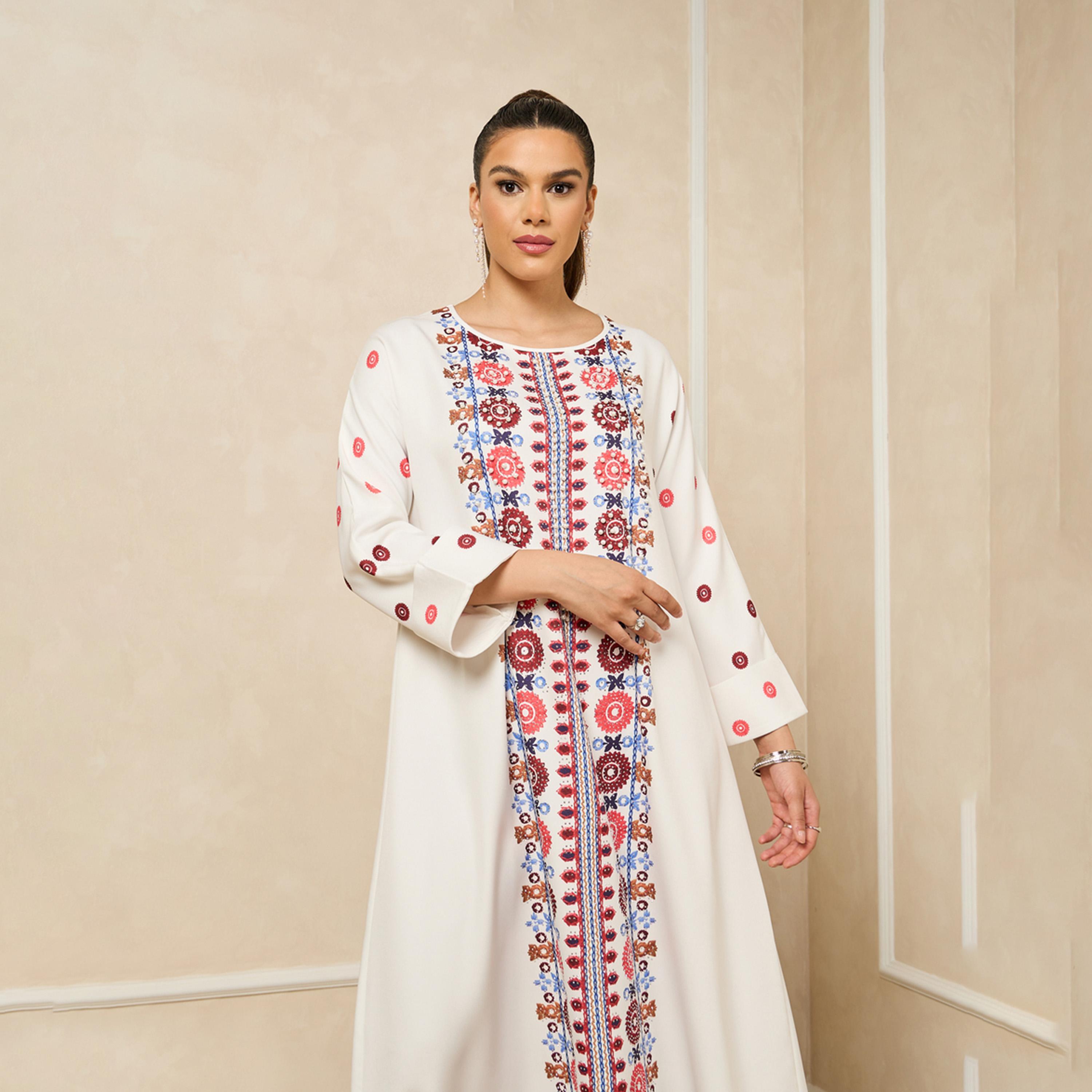Styli Embroidered Panel Round Neck A-Line Jalabiya With Pearl Embellishment-women-arabicclothing-jalabiyas-image-5