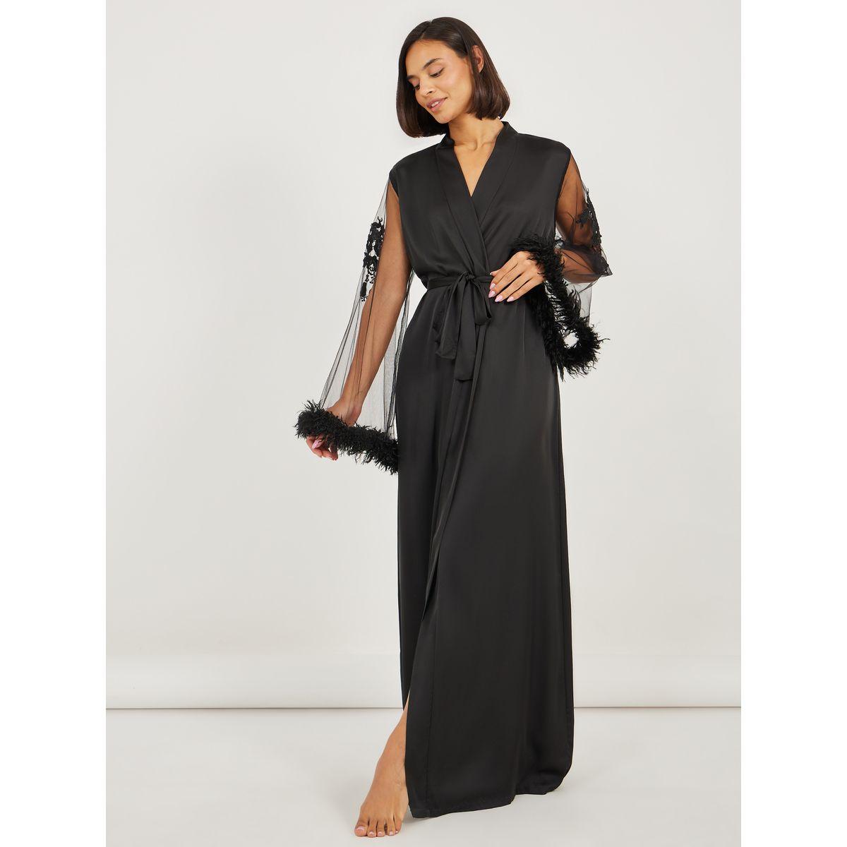 Styli Embroidered and Faux Fur Trim Mesh Sleeves Robe-women-clothing-nightwear-robes-image-1