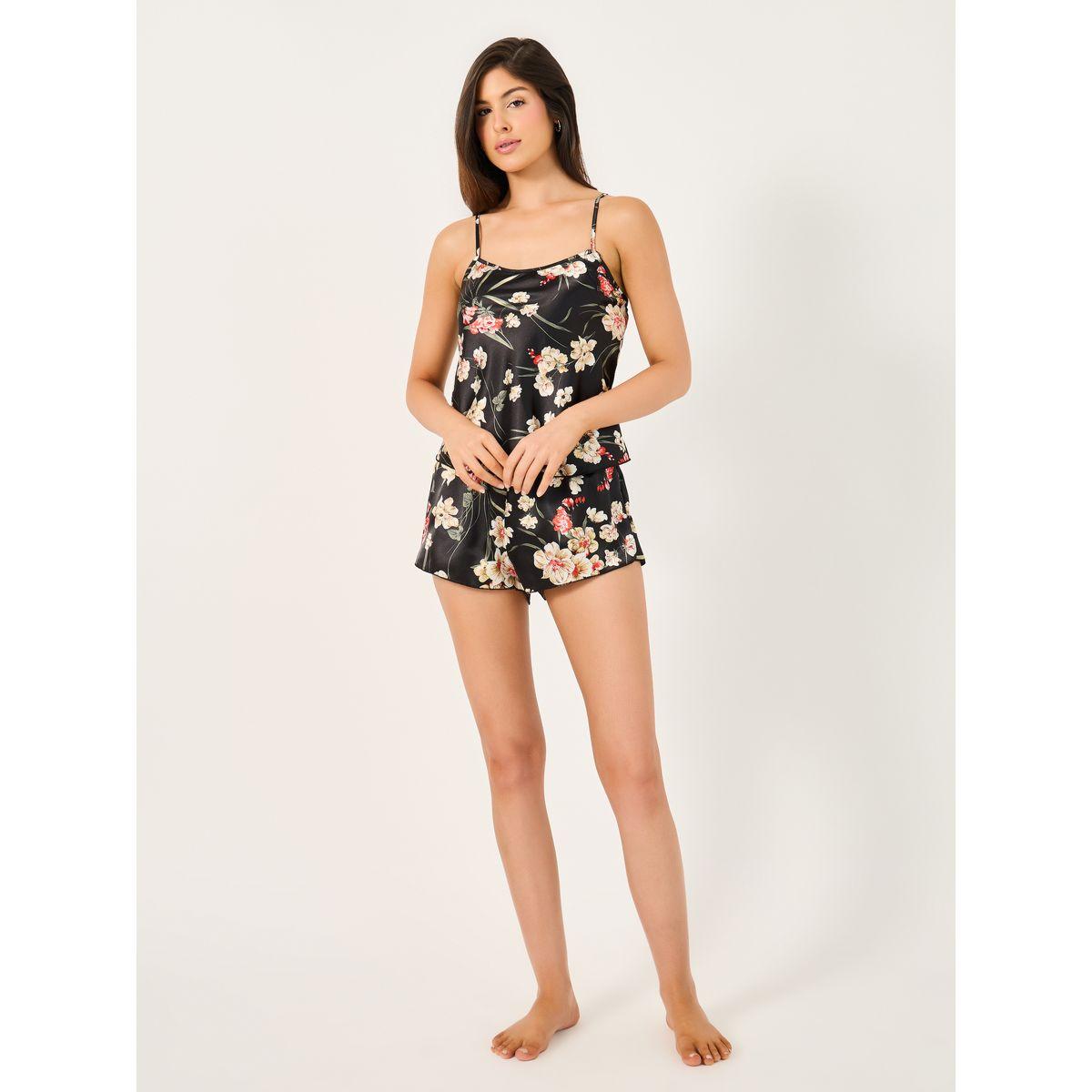 طقم من شورت وبلوزة كامي ساتان مطبعة بزهور-women-clothing-nightwear-pyjamas-shortsets-image-2