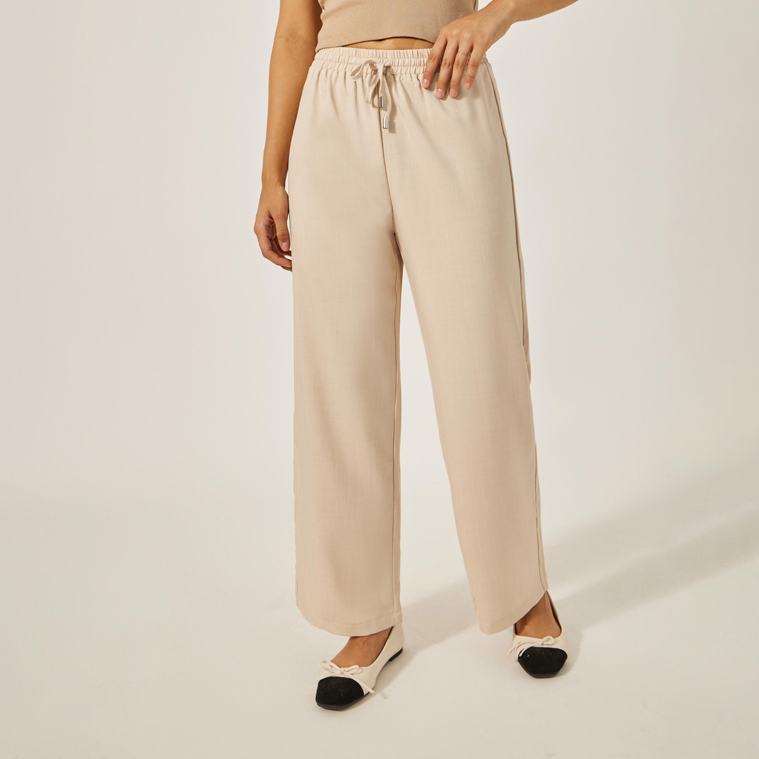 ستايلي - بنطال واسع الساق بخصر متوسط الارتفاع مع رباط-women-clothing-bottoms-trousers-image-3