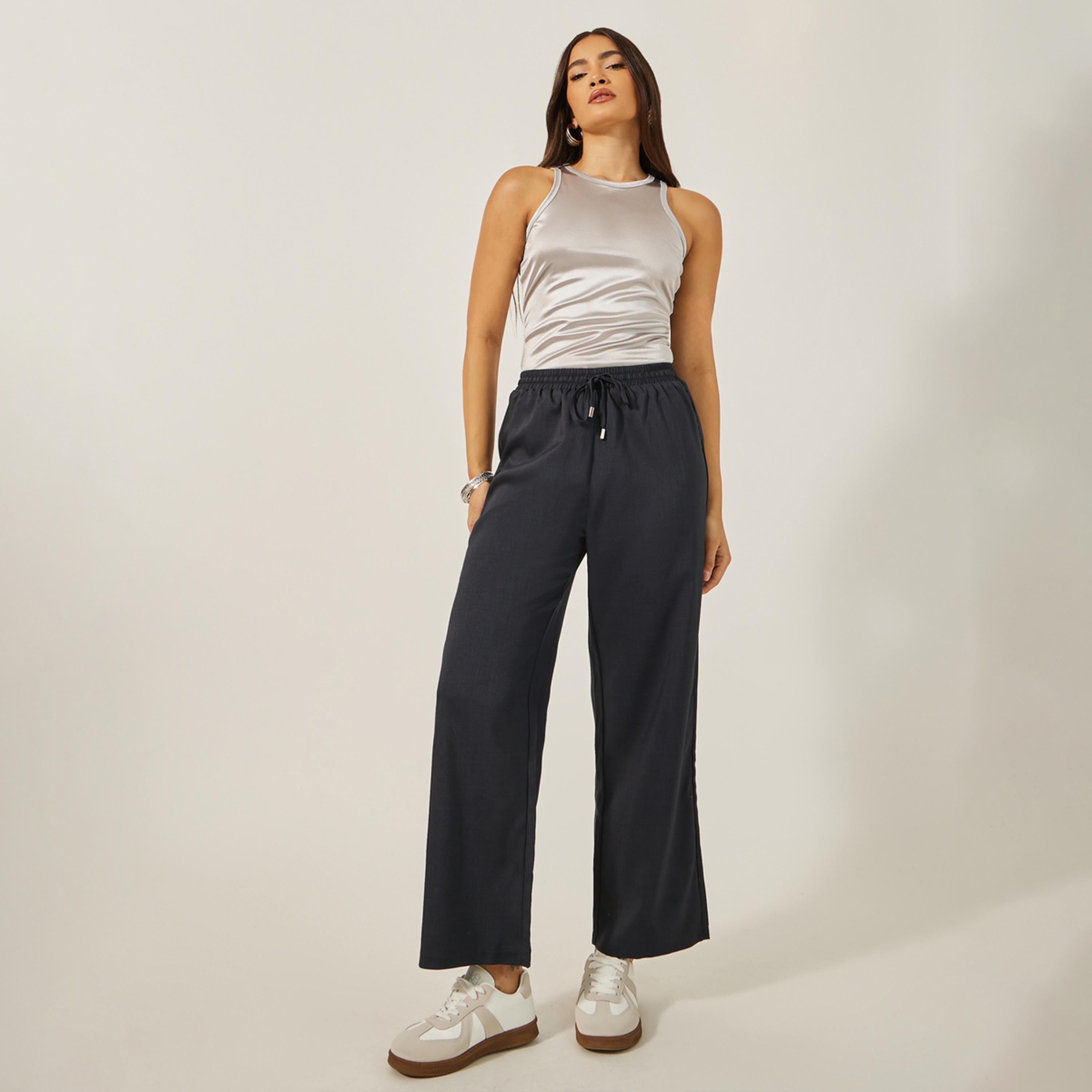Styli Textured Mid Rise Wide Leg Pants with Drawstring-women-clothing-bottoms-trousers-image-1