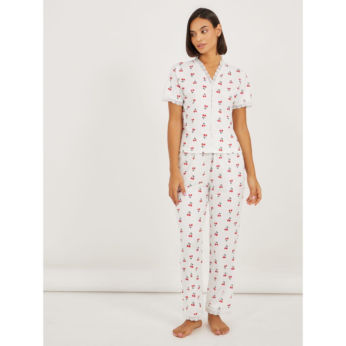 Styli Cherry Rib Lace Trim Shirt and Pyjama Set-women-clothing-nightwear-pyjamas-longsets-image-1