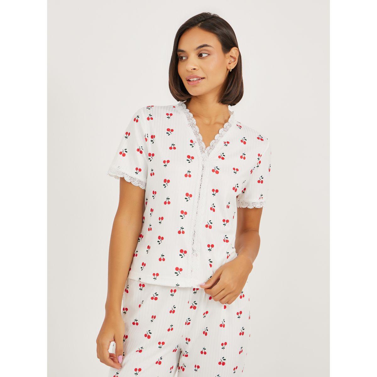 Styli Cherry Rib Lace Trim Shirt and Pyjama Set-women-clothing-nightwear-pyjamas-longsets-image-2
