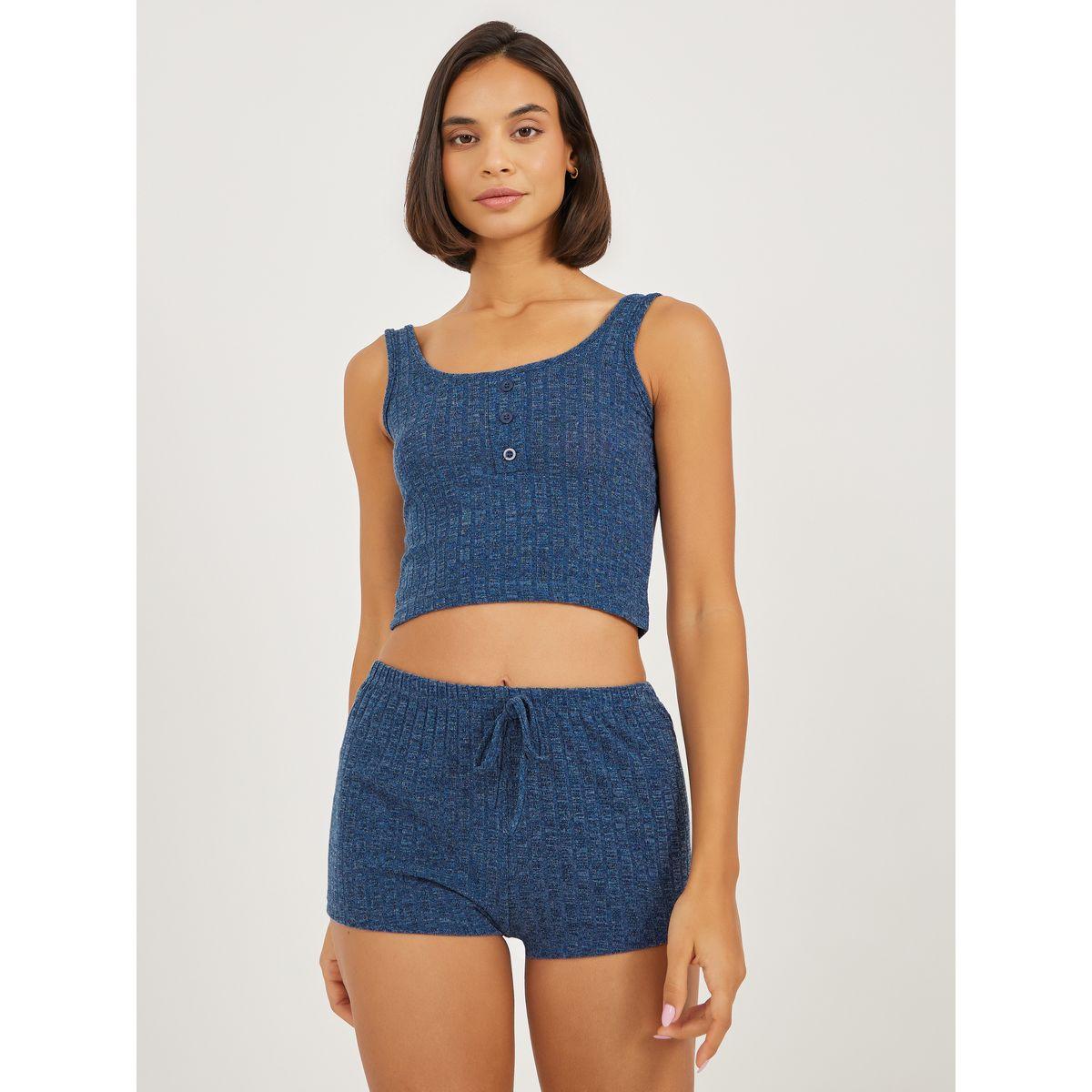 Styli Melange Brushed Rib Crop Placket Vest and Shorts Set-women-clothing-nightwear-pyjamas-shortsets-image-1