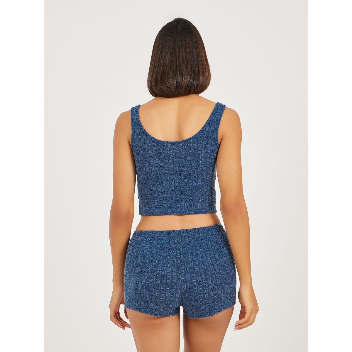 Styli Melange Brushed Rib Crop Placket Vest and Shorts Set-women-clothing-nightwear-pyjamas-shortsets-image-5