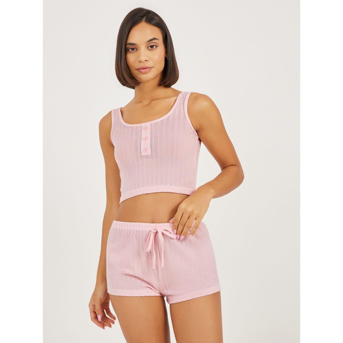 Styli Melange Brushed Rib Crop Placket Vest and Shorts Set-women-clothing-nightwear-pyjamas-shortsets-image-1