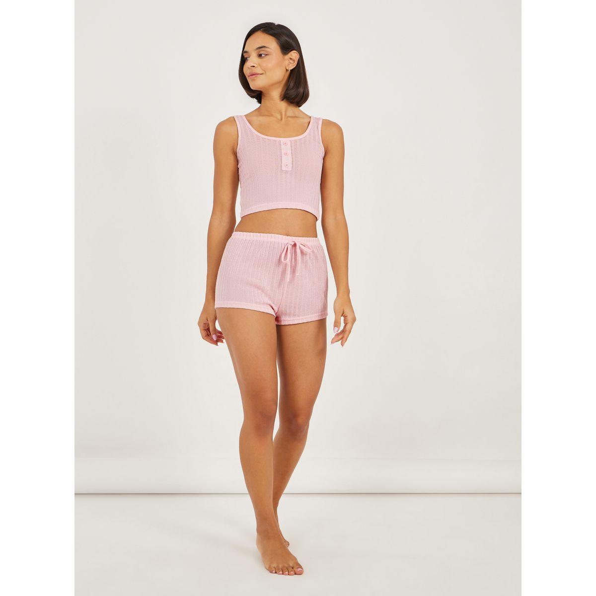 Styli Melange Brushed Rib Crop Placket Vest and Shorts Set-women-clothing-nightwear-pyjamas-shortsets-image-2