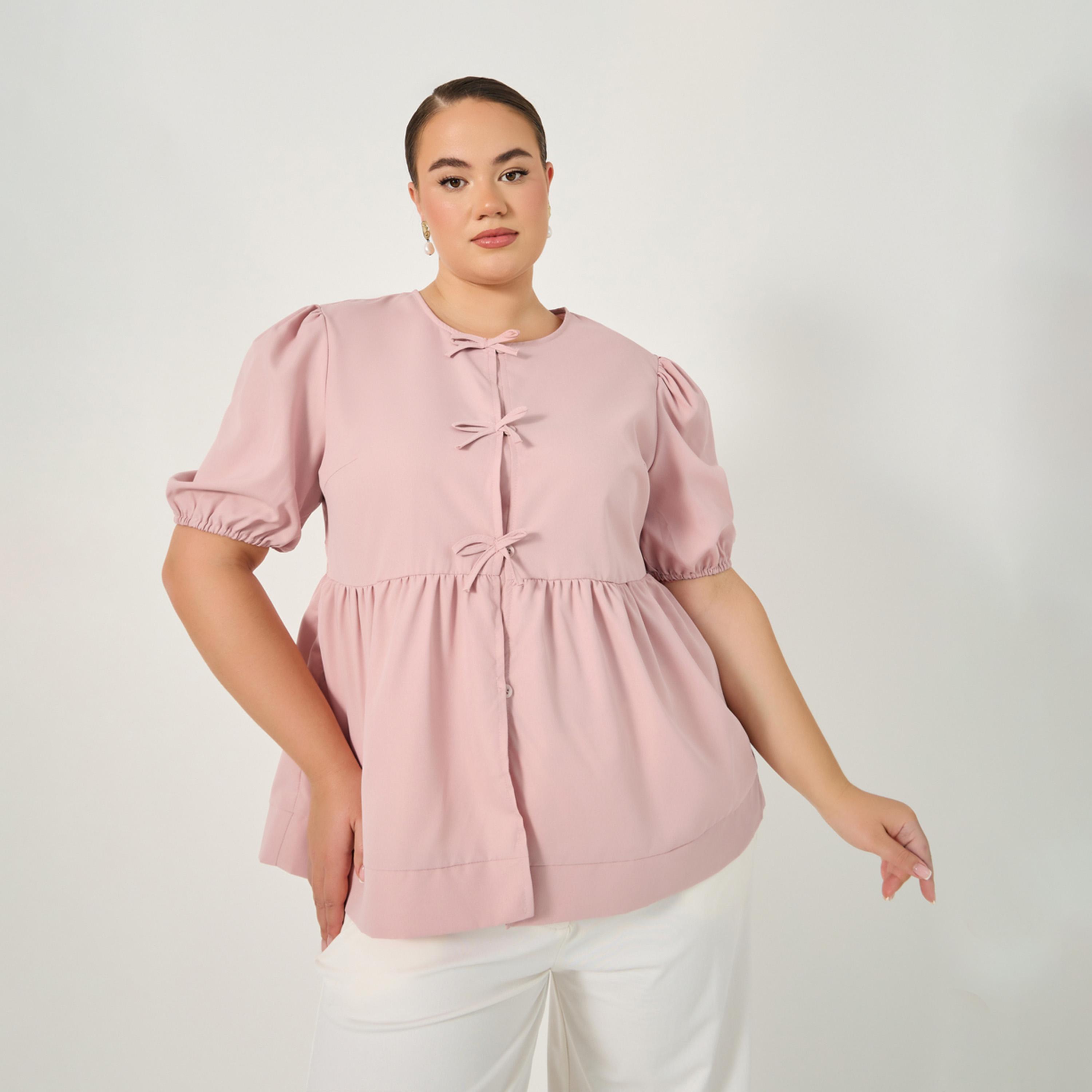 Styli Plus Size Puff Sleeve Ribbon Tie-Up Top-women-clothing-shirtsandblouses-blouses-image-1