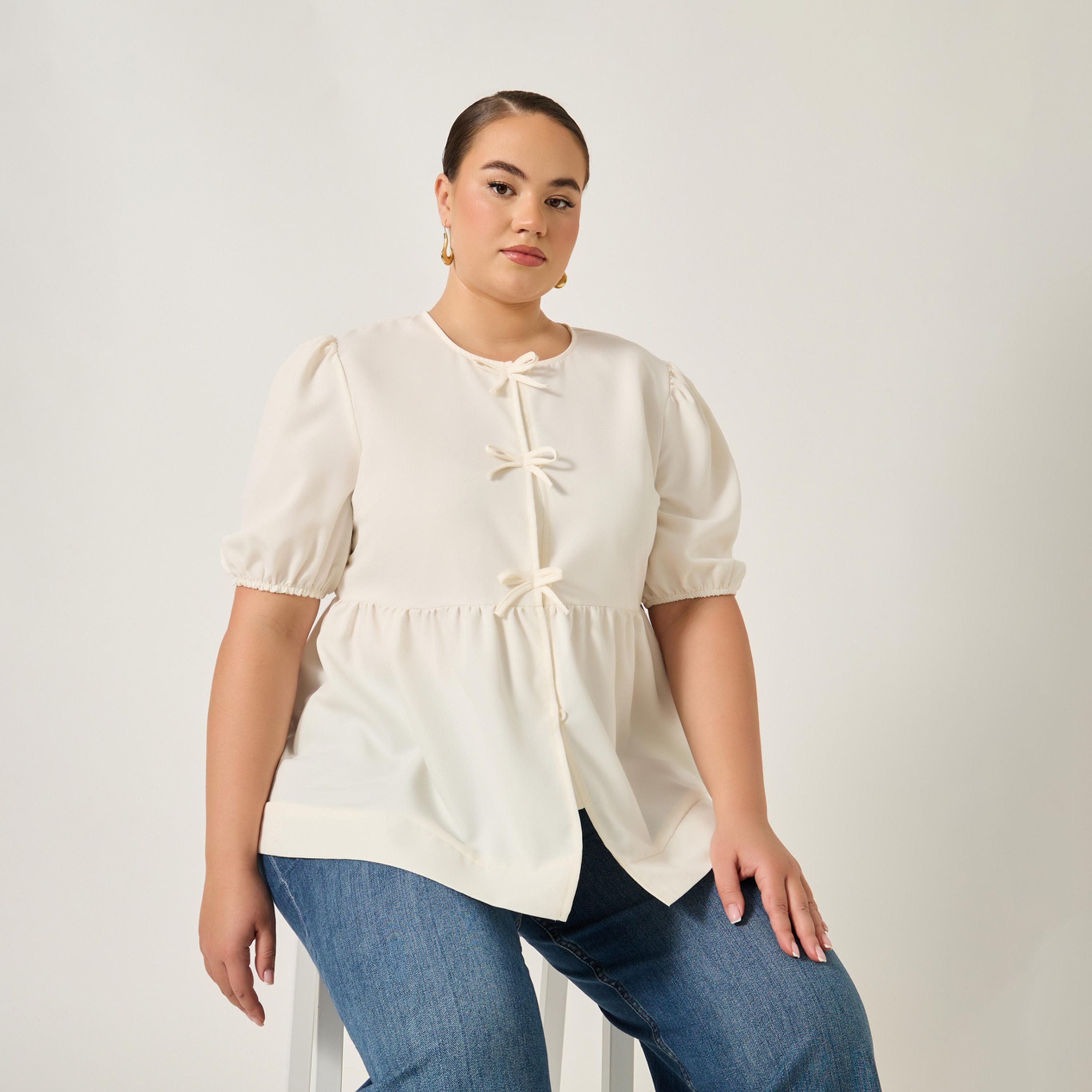 Styli Plus Size Puff Sleeve Ribbon Tie-Up Top-women-clothing-shirtsandblouses-blouses-image-1