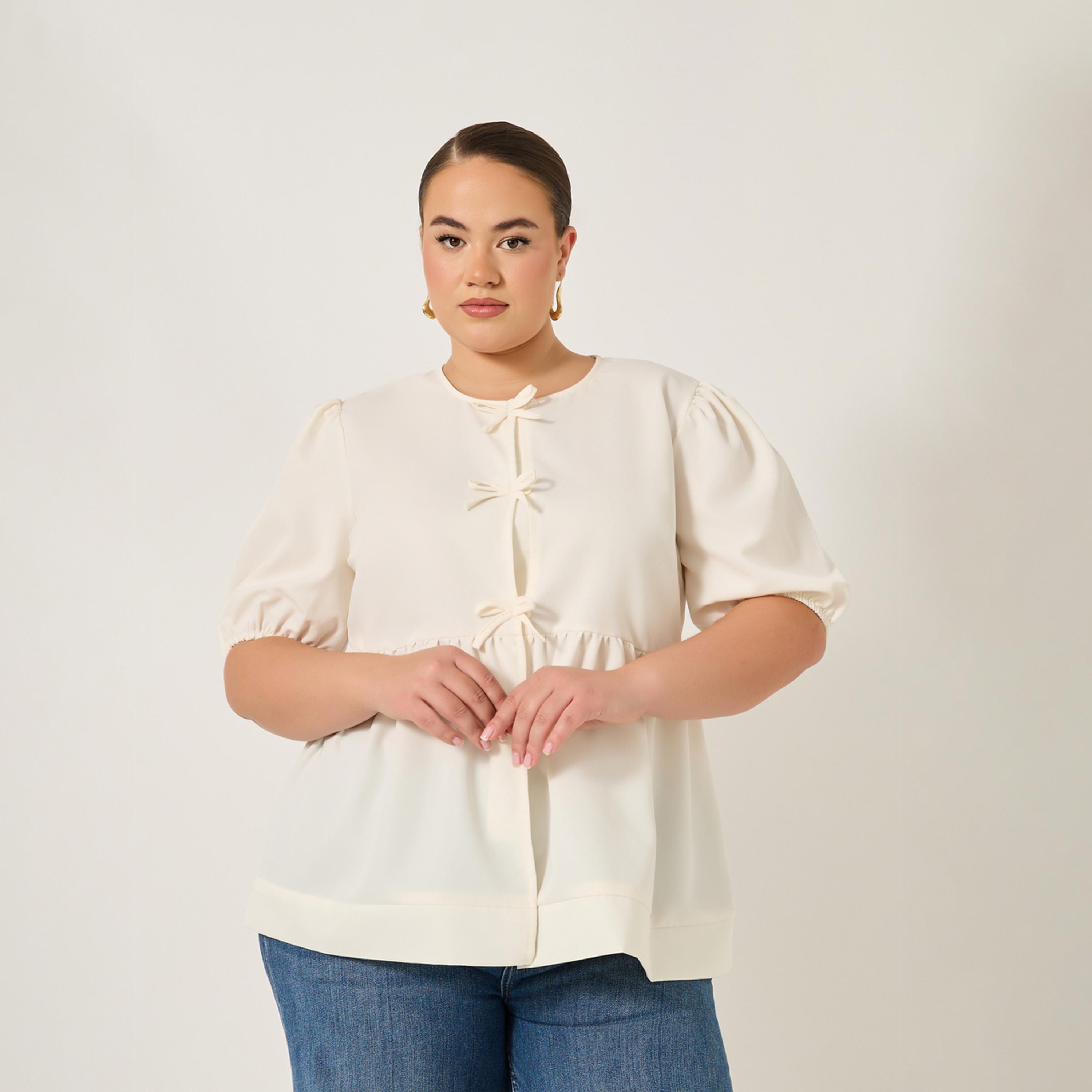 Styli Plus Size Puff Sleeve Ribbon Tie-Up Top-women-clothing-shirtsandblouses-blouses-image-2