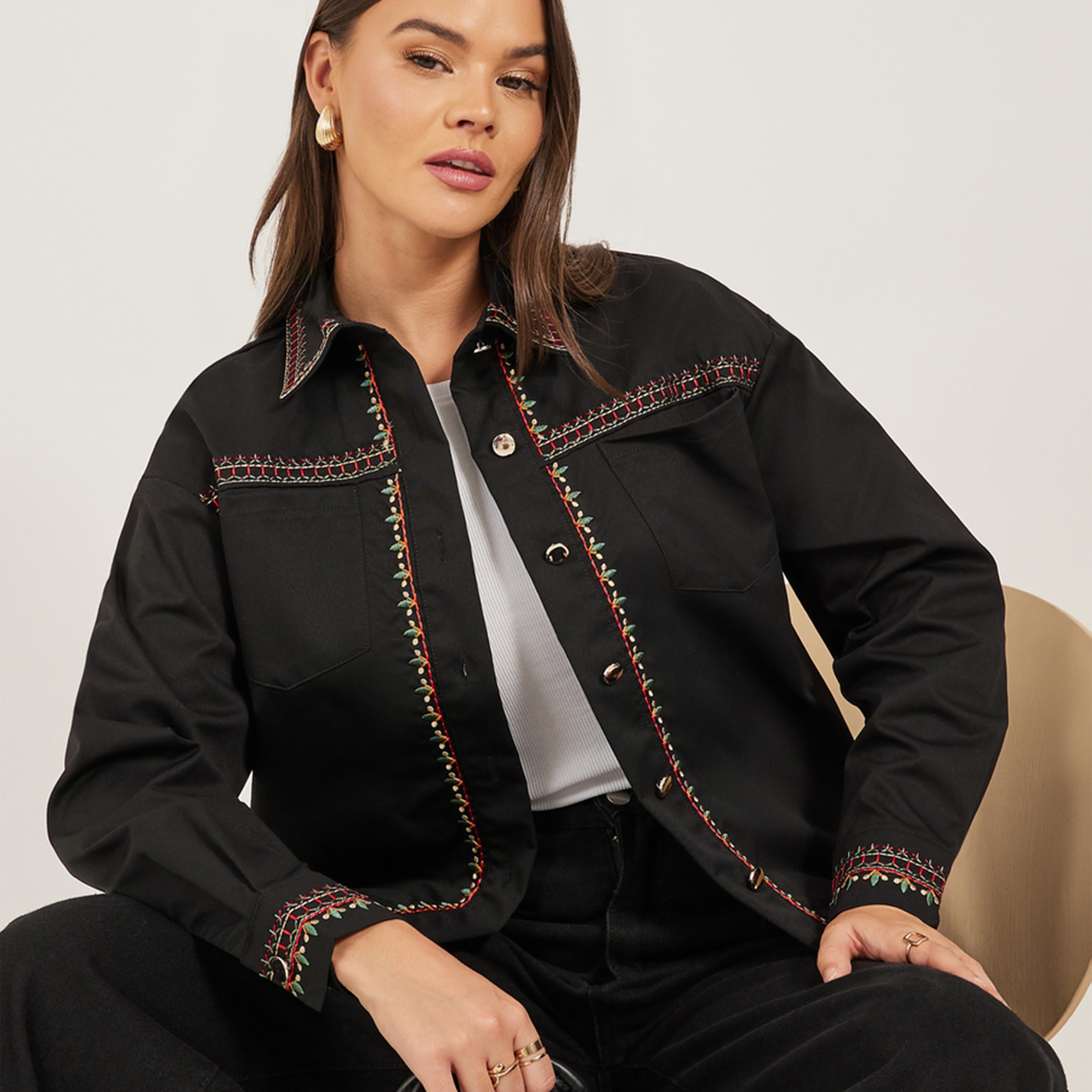 Styli Regular Length Regular Fit Embroidered Twill Jacket-women-winterwear-coatsandjackets-jackets-image-2