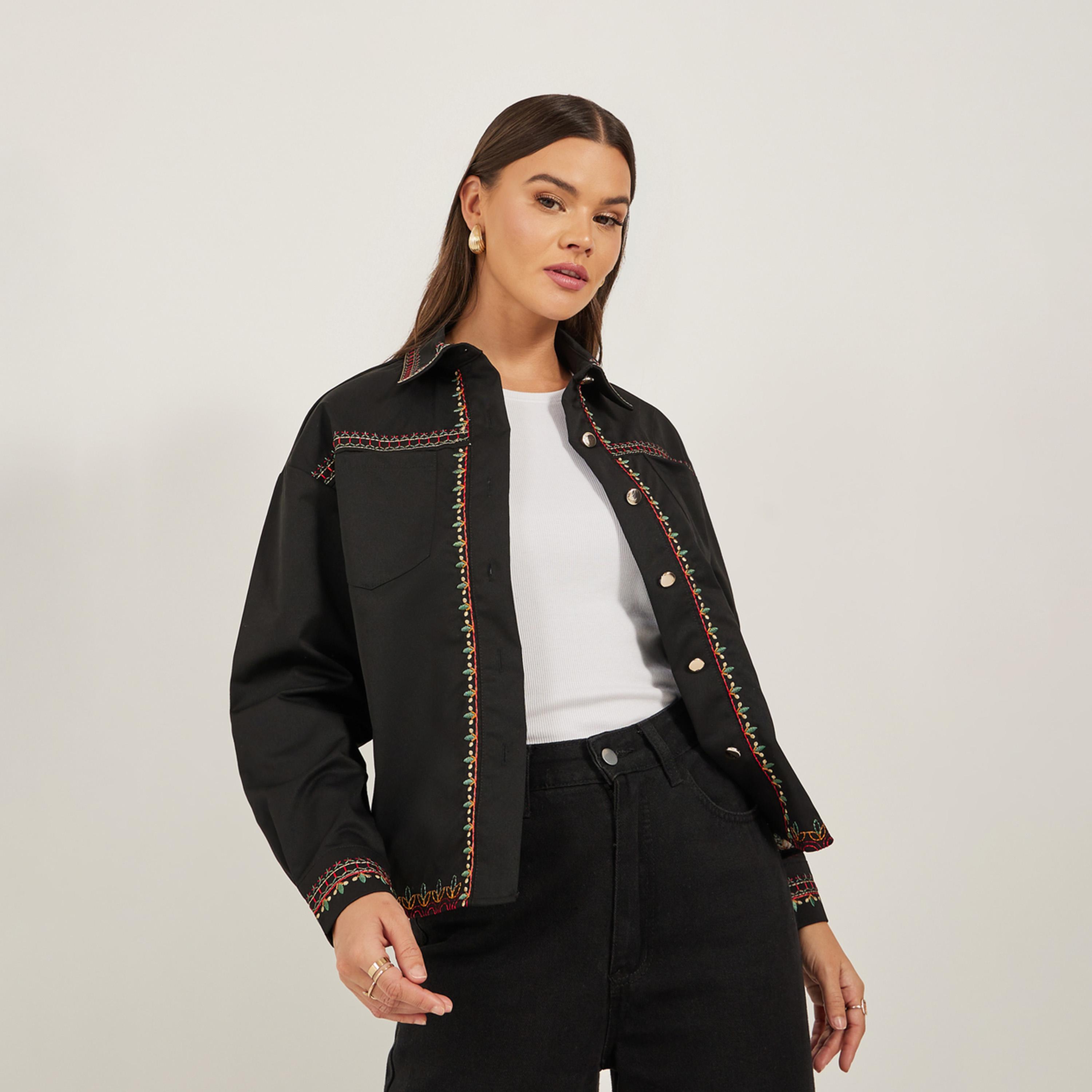 Styli Regular Length Regular Fit Embroidered Twill Jacket-women-winterwear-coatsandjackets-jackets-image-3