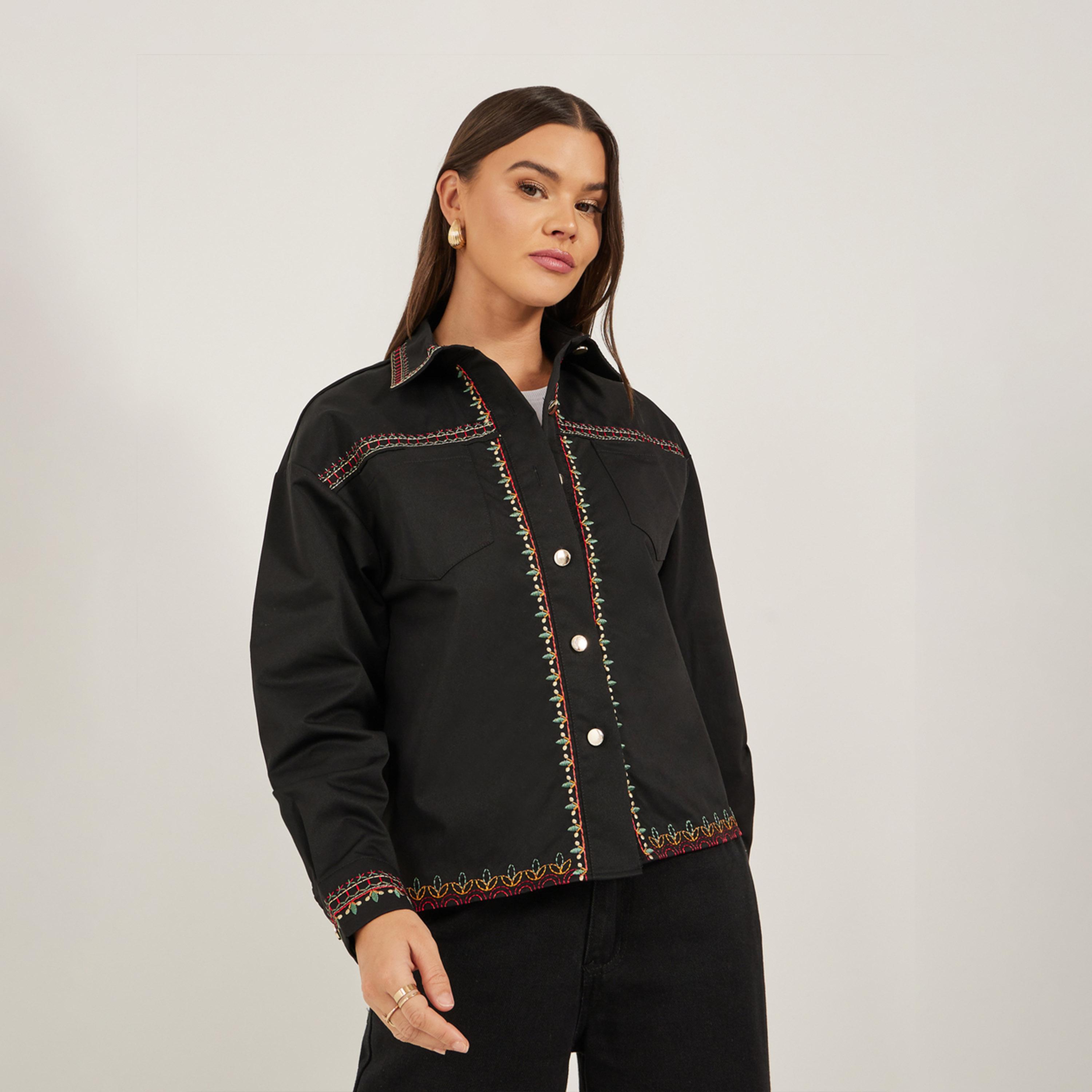 Styli Regular Length Regular Fit Embroidered Twill Jacket-women-winterwear-coatsandjackets-jackets-image-4