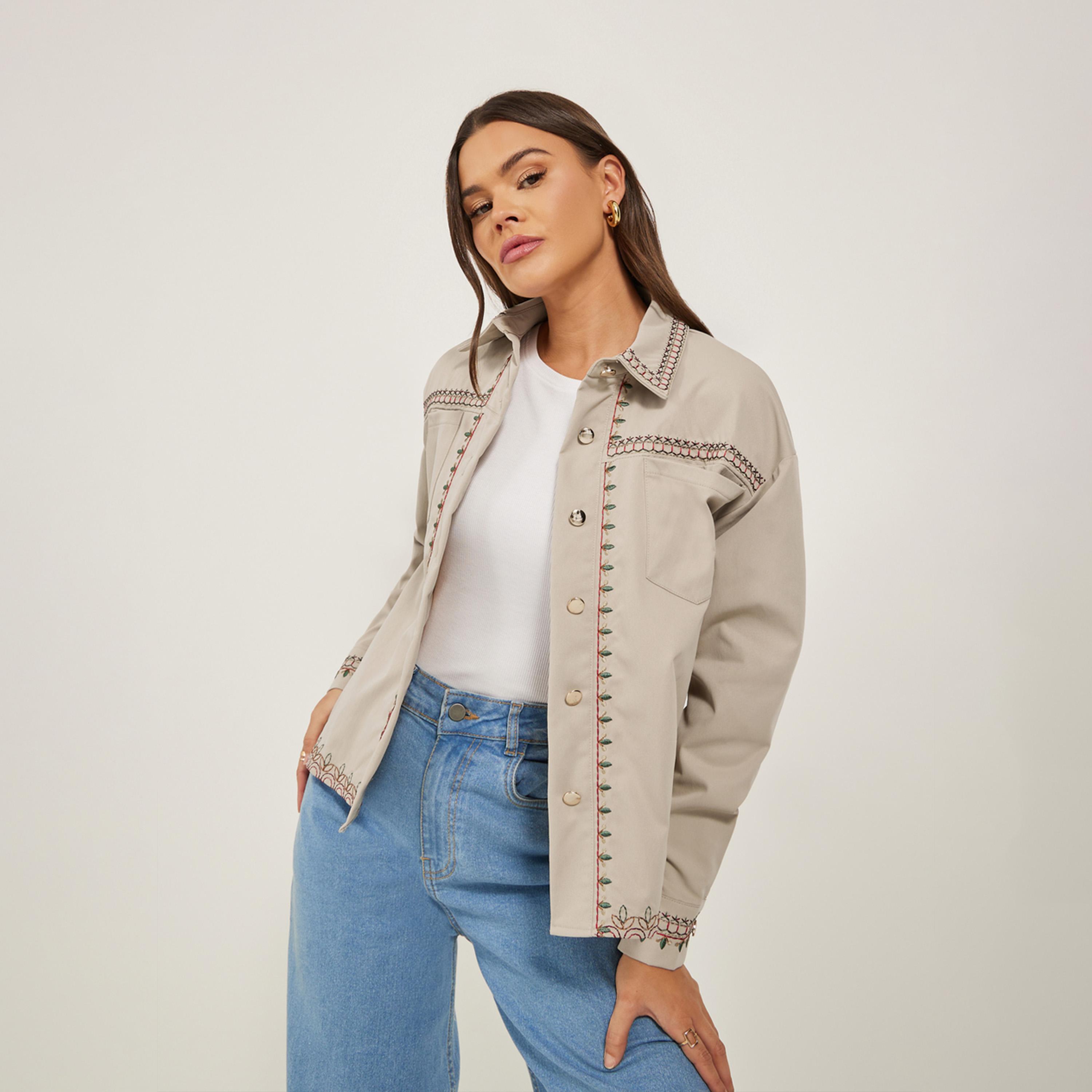 Styli Regular Length Regular Fit Embroidered Twill Jacket-women-winterwear-coatsandjackets-jackets-image-1