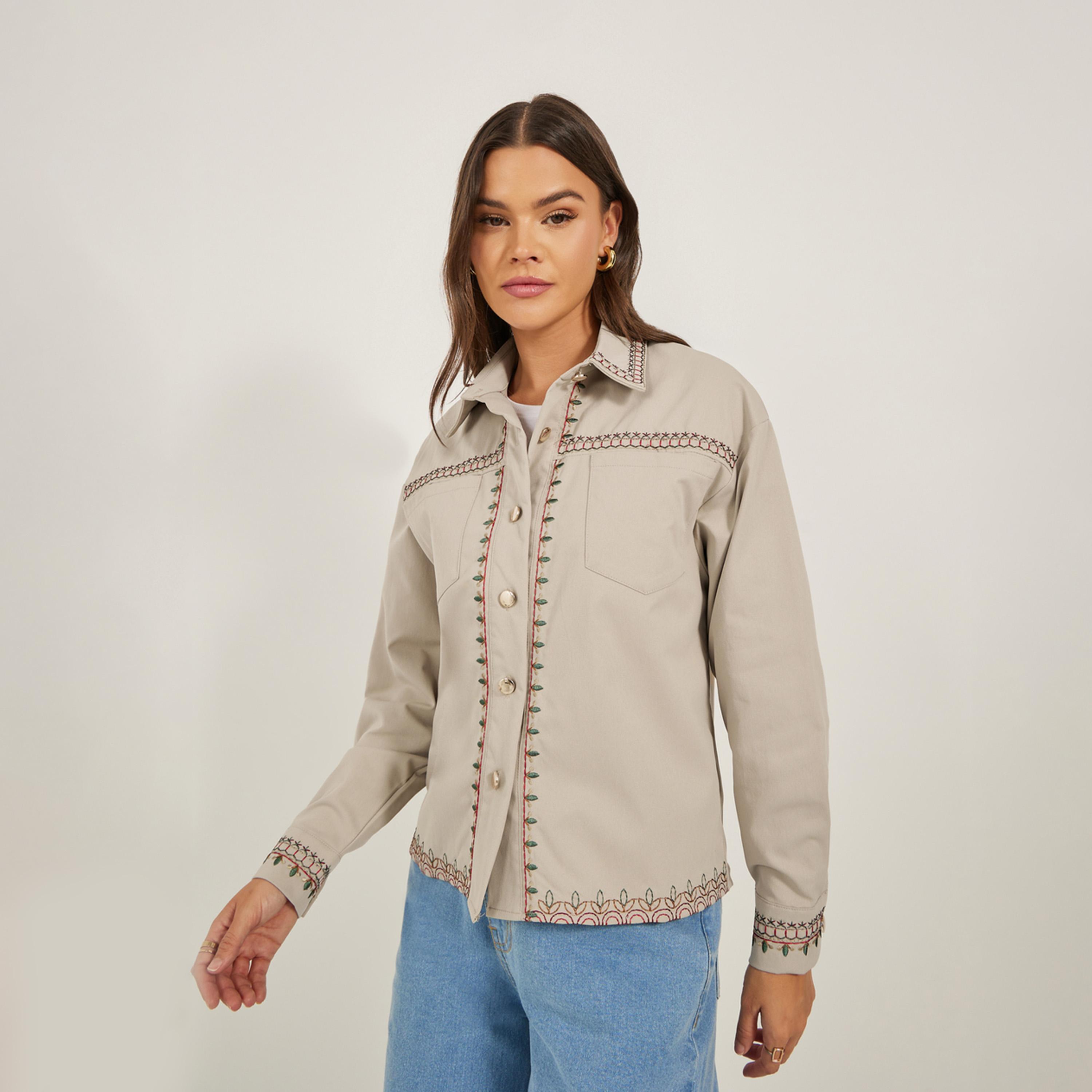 Styli Regular Length Regular Fit Embroidered Twill Jacket-women-winterwear-coatsandjackets-jackets-image-3