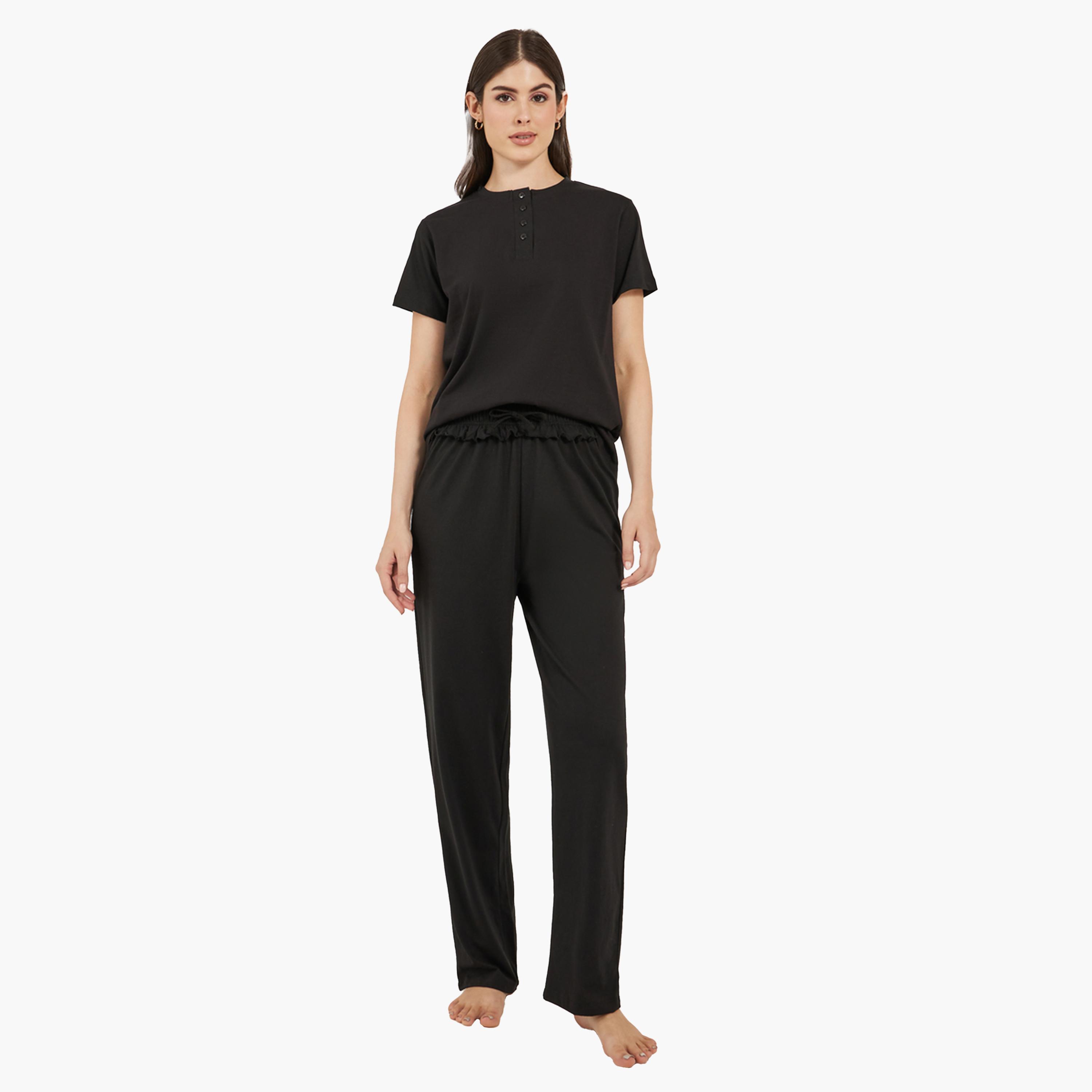 ستايلي-  بيجاما وتي شيرت أسود محبوك للنساء-women-clothing-nightwear-pyjamas-longsets-image-1