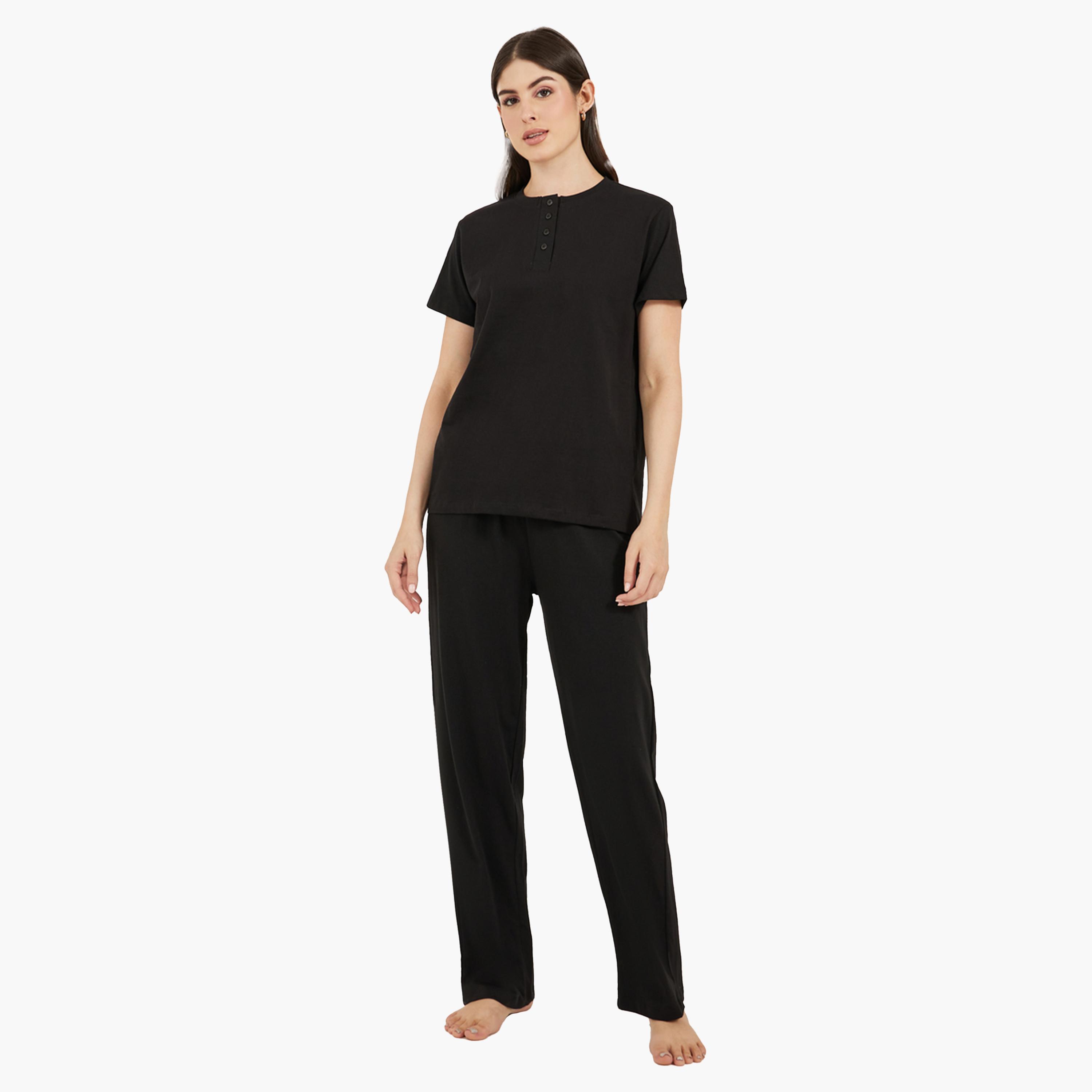 ستايلي-  بيجاما وتي شيرت أسود محبوك للنساء-women-clothing-nightwear-pyjamas-longsets-image-2