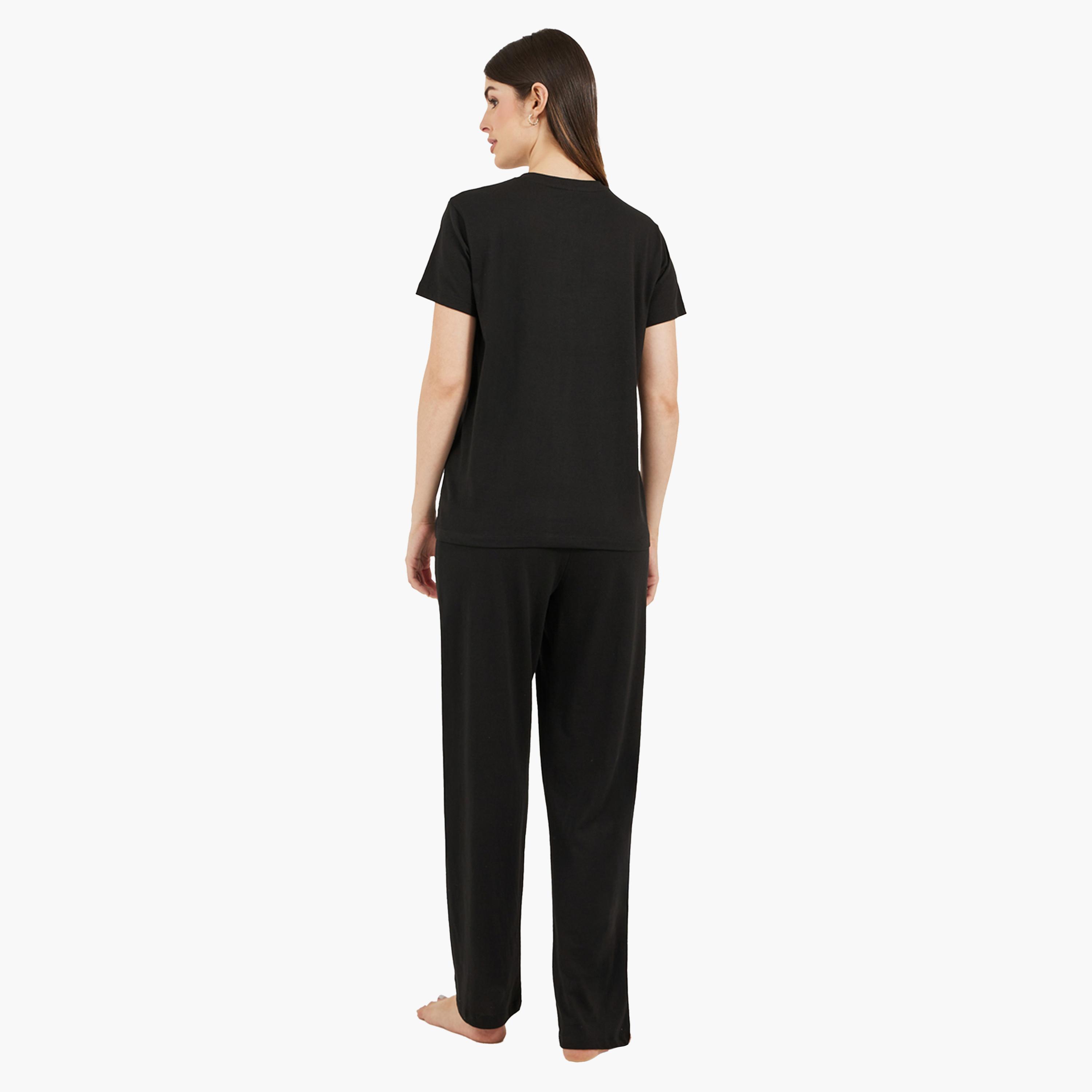 ستايلي-  بيجاما وتي شيرت أسود محبوك للنساء-women-clothing-nightwear-pyjamas-longsets-image-5