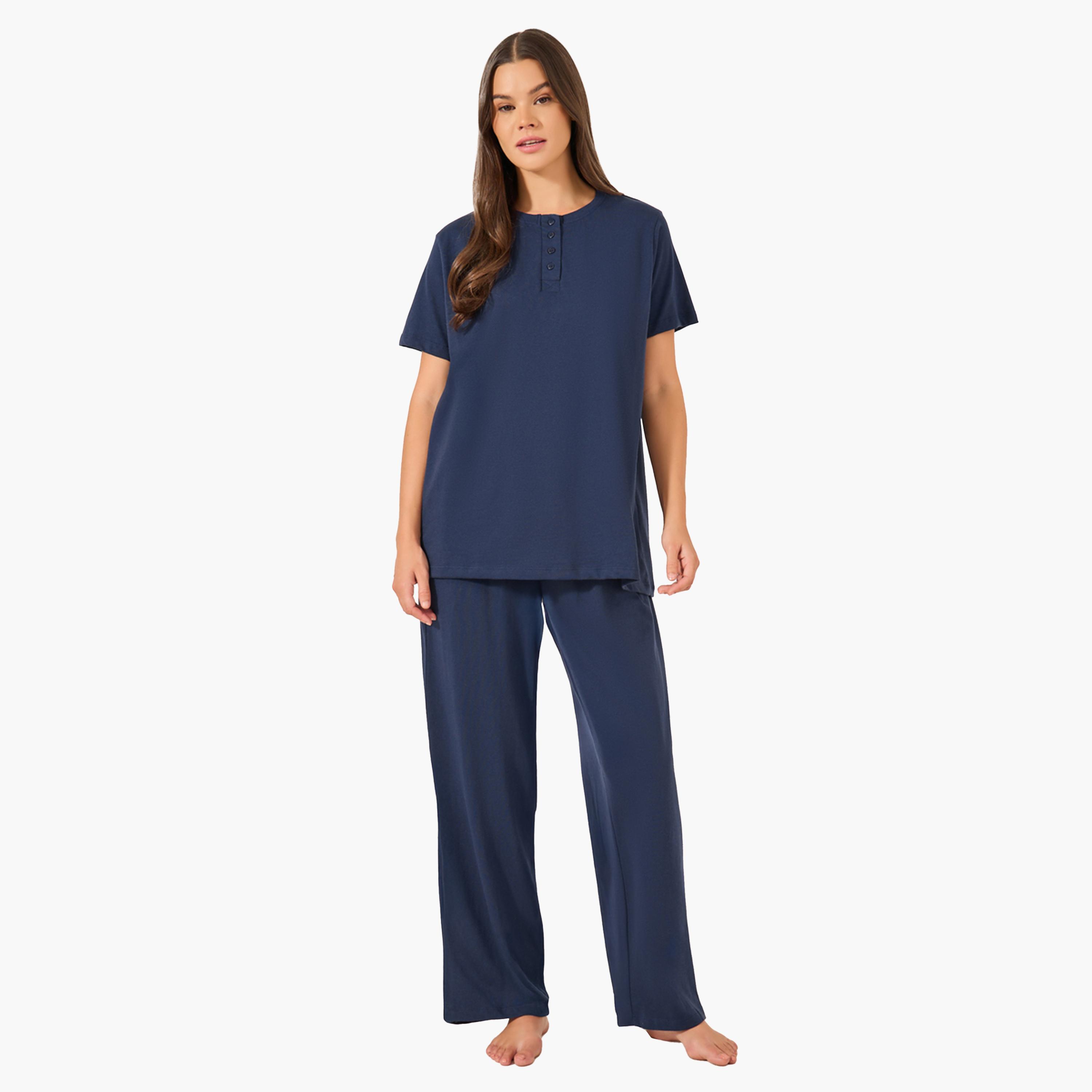 Styli Navy Blue Knitted Placket T-Shirt and Ruffled Waist Pajama Set-women-clothing-nightwear-pyjamas-longsets-image-1