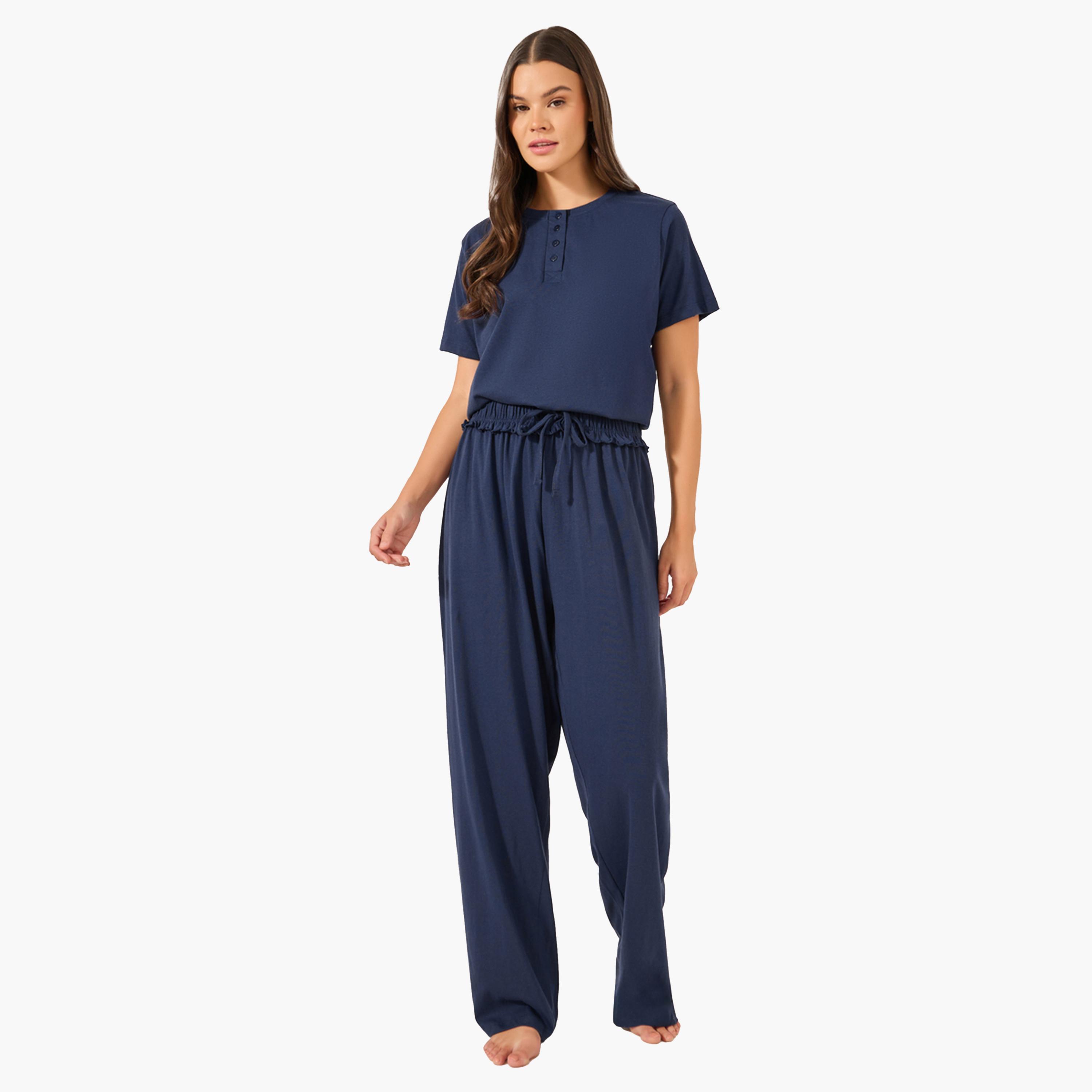 Styli Navy Blue Knitted Placket T-Shirt and Ruffled Waist Pajama Set-women-clothing-nightwear-pyjamas-longsets-image-2