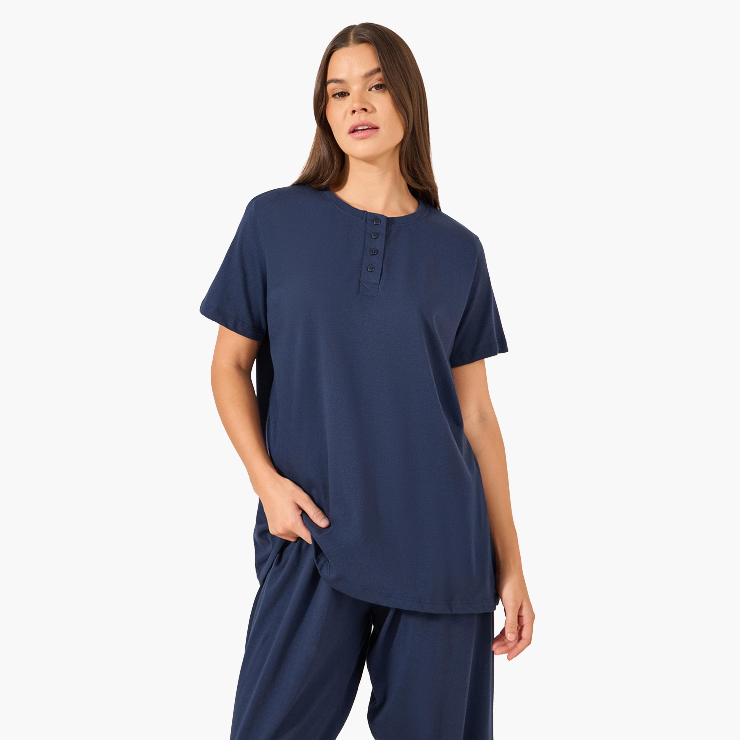 Styli Navy Blue Knitted Placket T-Shirt and Ruffled Waist Pajama Set-women-clothing-nightwear-pyjamas-longsets-image-3