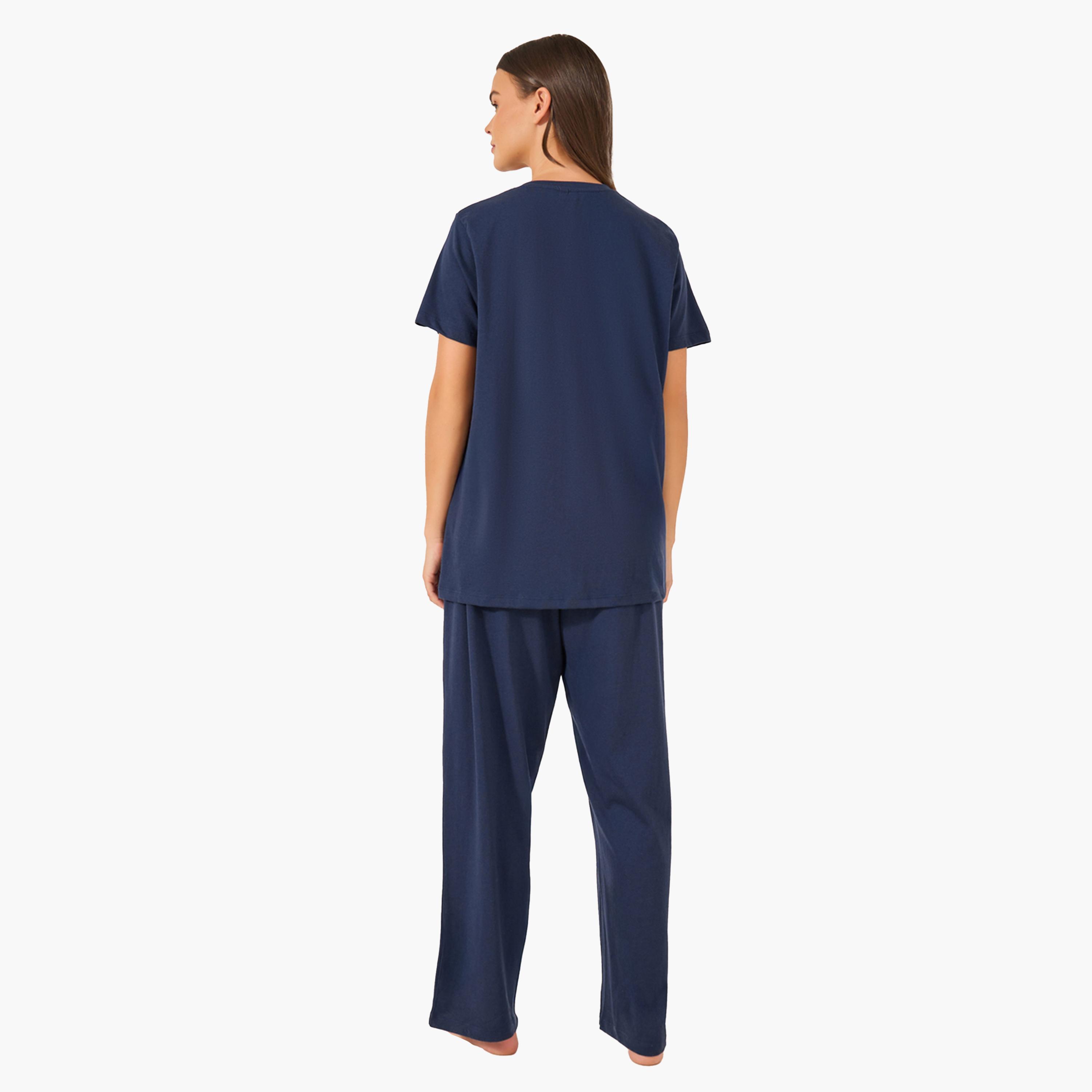 Styli Navy Blue Knitted Placket T-Shirt and Ruffled Waist Pajama Set-women-clothing-nightwear-pyjamas-longsets-image-5