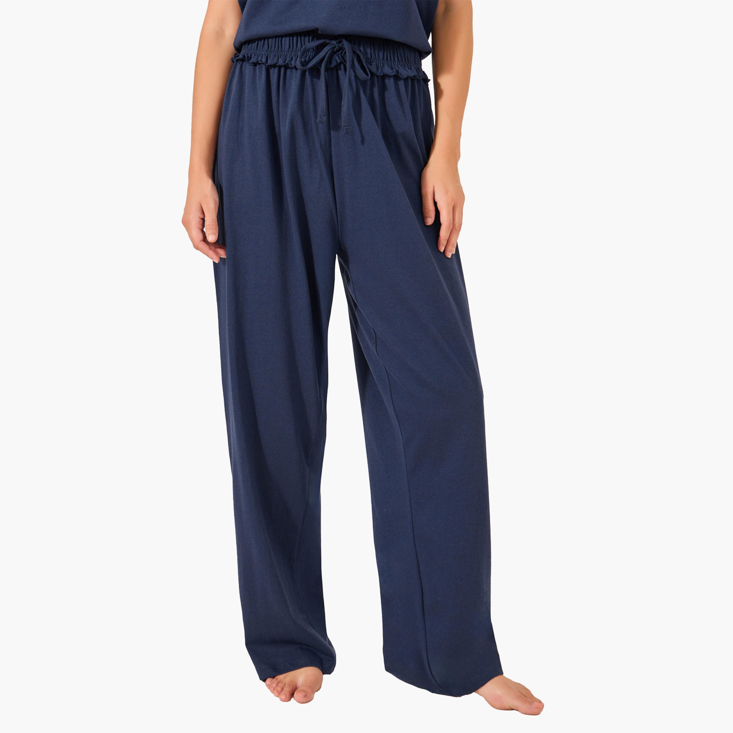 Styli Navy Blue Knitted Placket T-Shirt and Ruffled Waist Pajama Set-women-clothing-nightwear-pyjamas-longsets-image-6