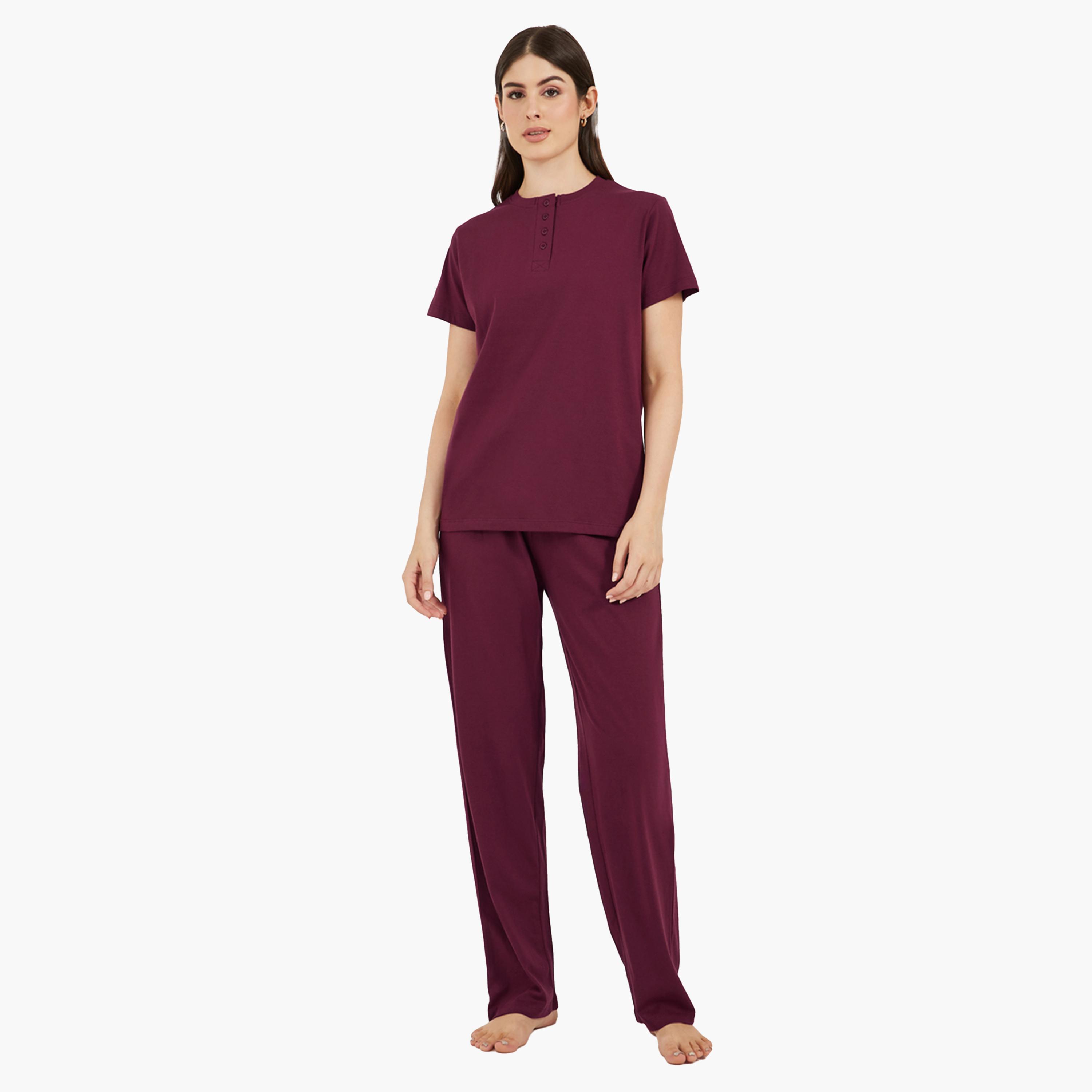 Styli Burgundy Knitted T-Shirt and Straight Pyjama Set for Women-women-clothing-nightwear-pyjamas-longsets-image-2