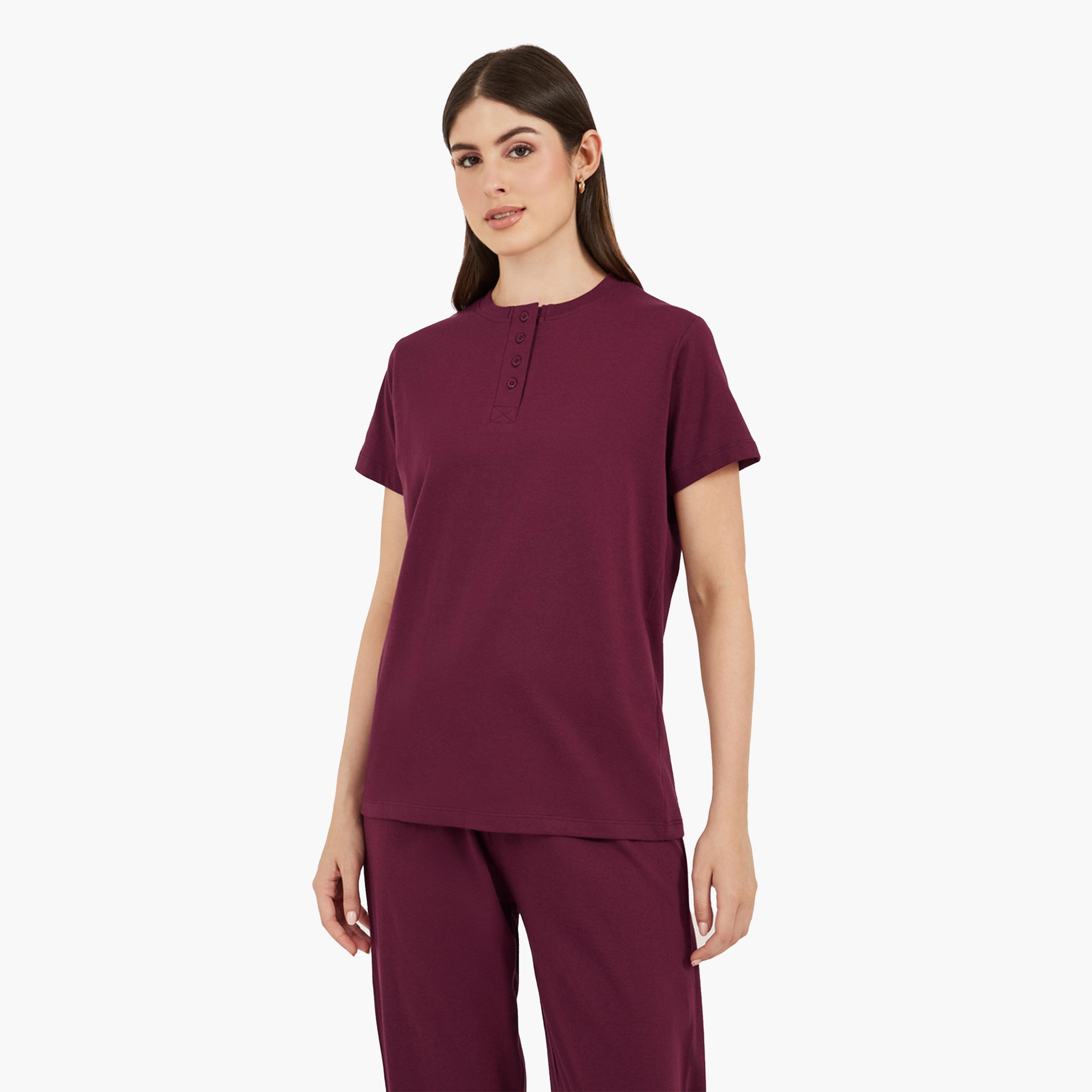 ستايلي-  بيجاما وتي شيرت محبوك بلون عنابي للنساء-women-clothing-nightwear-pyjamas-longsets-image-3