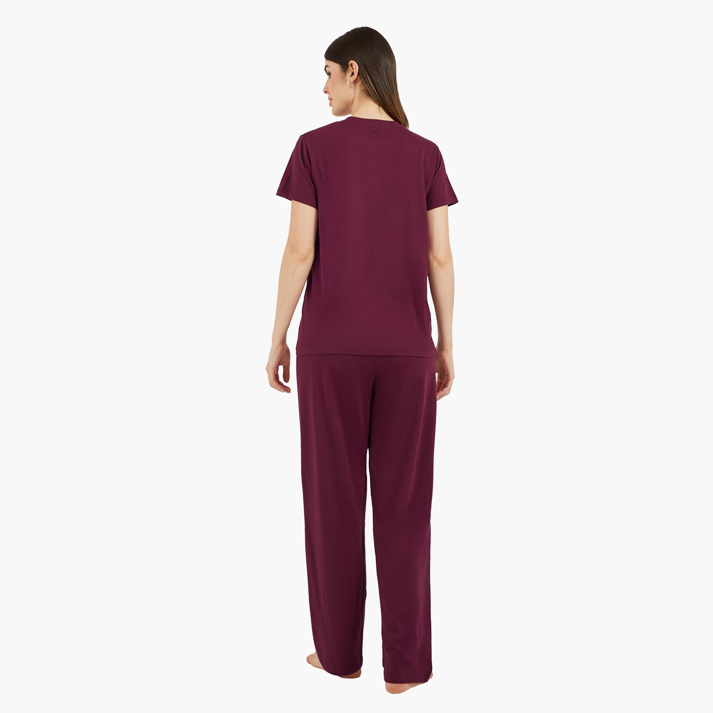 Styli Burgundy Knitted T-Shirt and Straight Pyjama Set for Women-women-clothing-nightwear-pyjamas-longsets-image-5