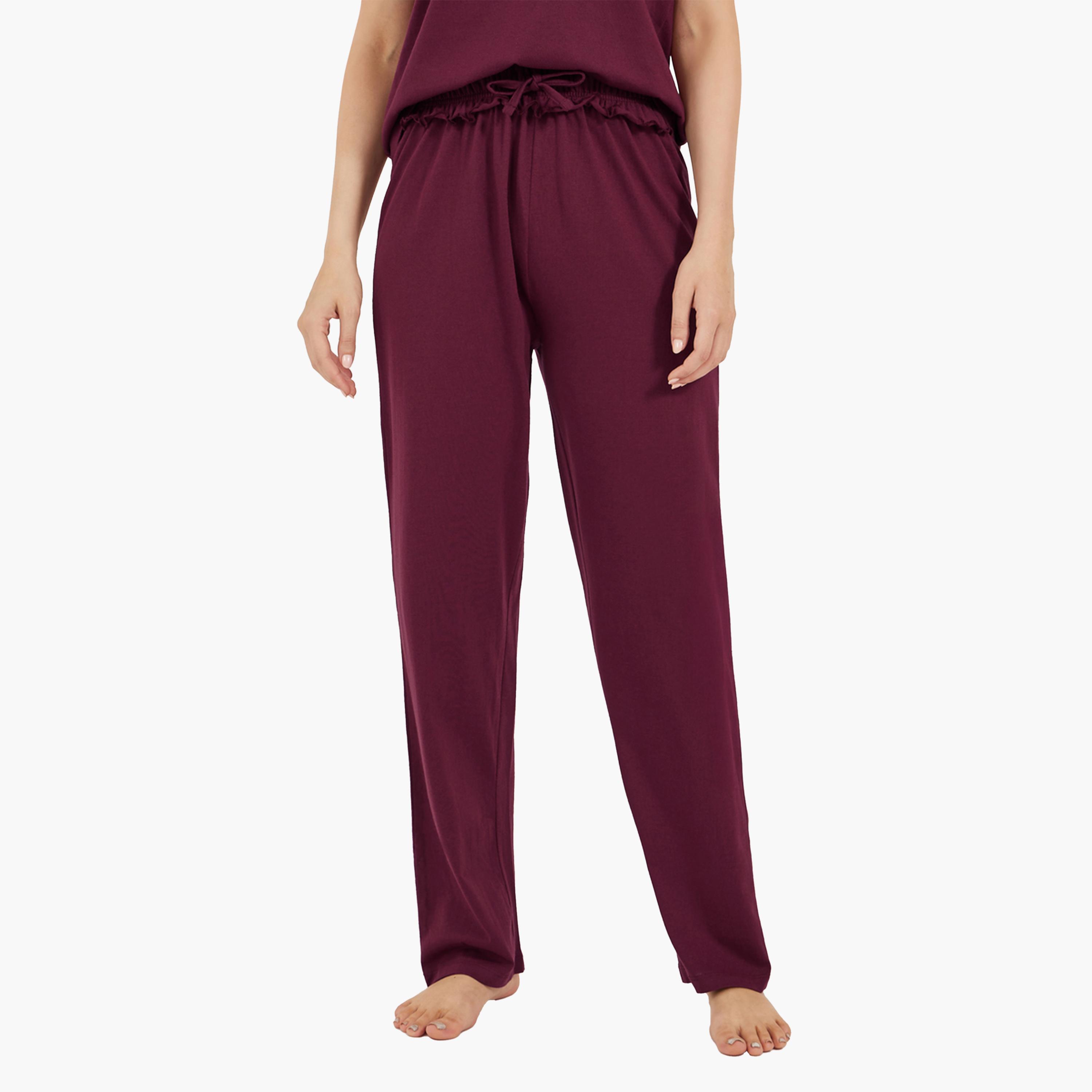 Styli Burgundy Knitted T-Shirt and Straight Pyjama Set for Women-women-clothing-nightwear-pyjamas-longsets-image-6