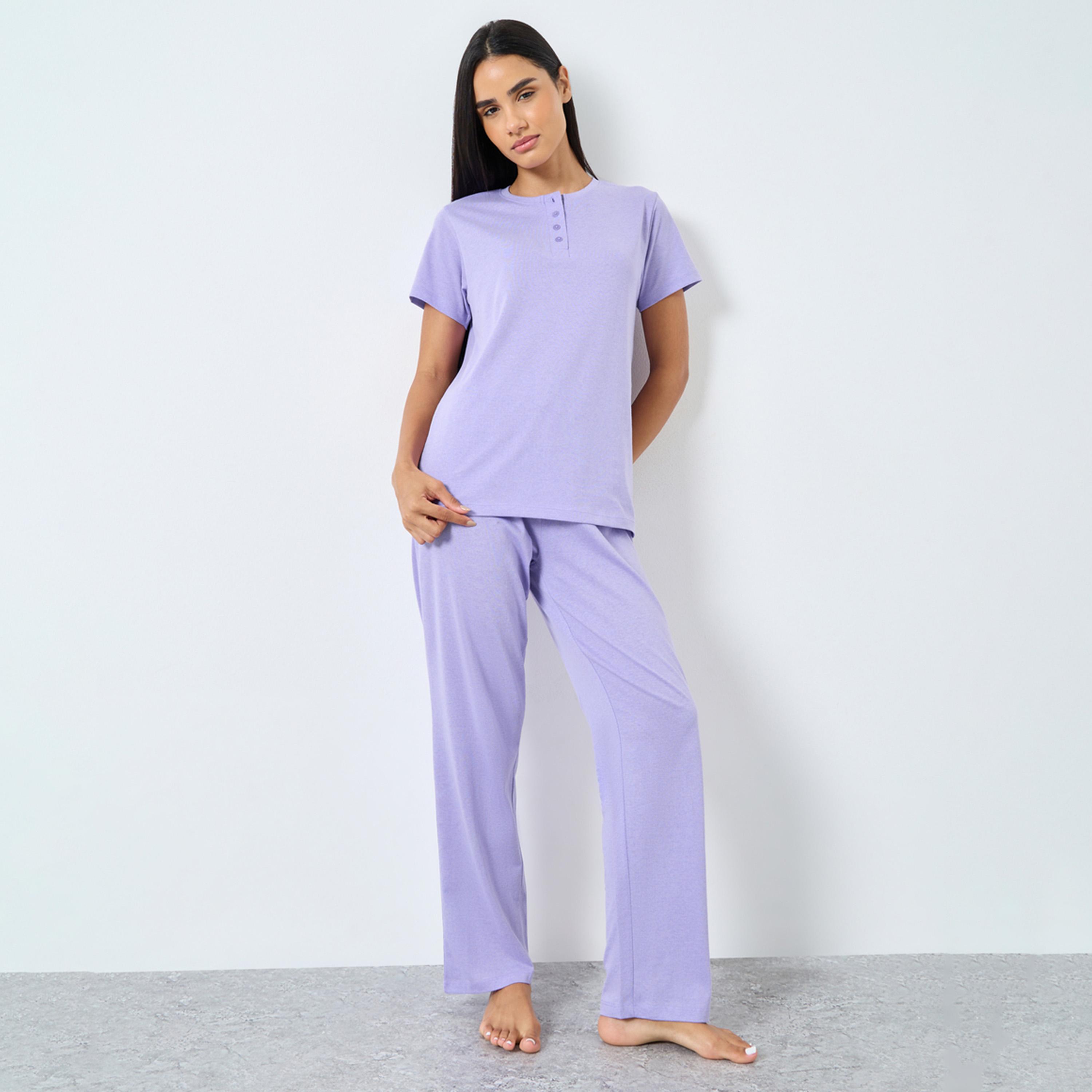 Styli Lilac Knitted T-Shirt and Pyjama Set-women-clothing-nightwear-pyjamas-longsets-image-1