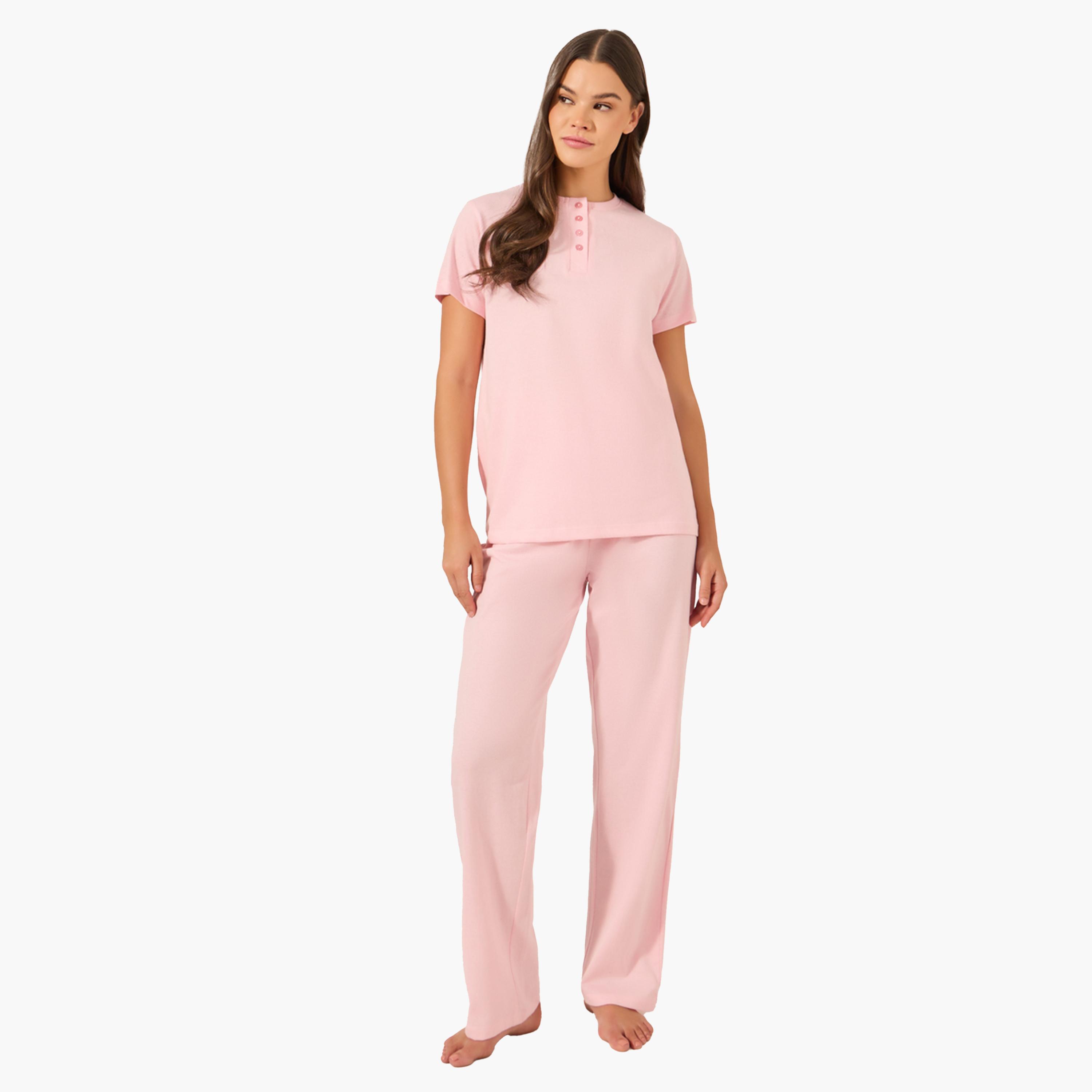Styli Pink Knitted T-Shirt and Pyjama Set-women-clothing-nightwear-pyjamas-longsets-image-1