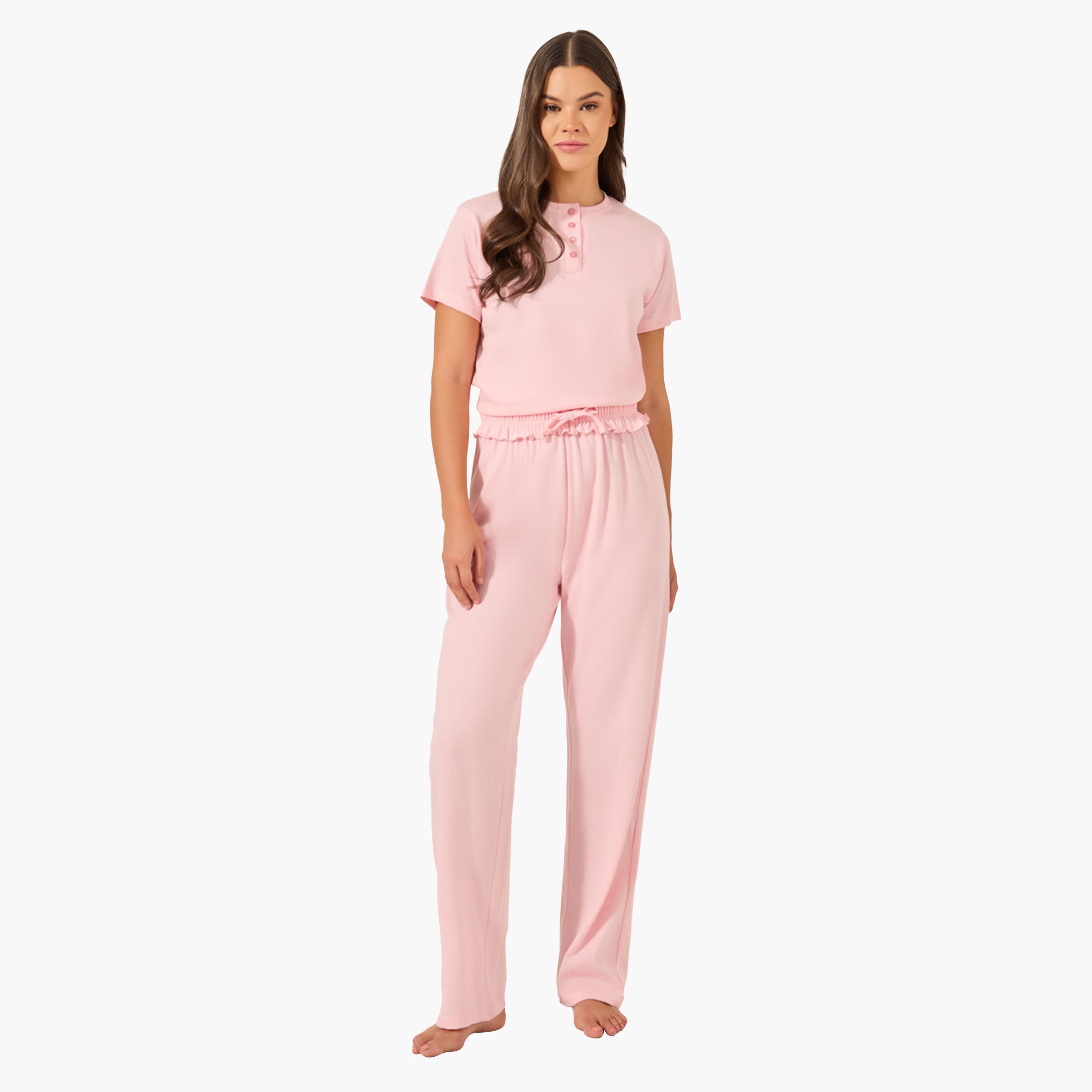 Styli Pink Knitted T-Shirt and Pyjama Set-women-clothing-nightwear-pyjamas-longsets-image-2