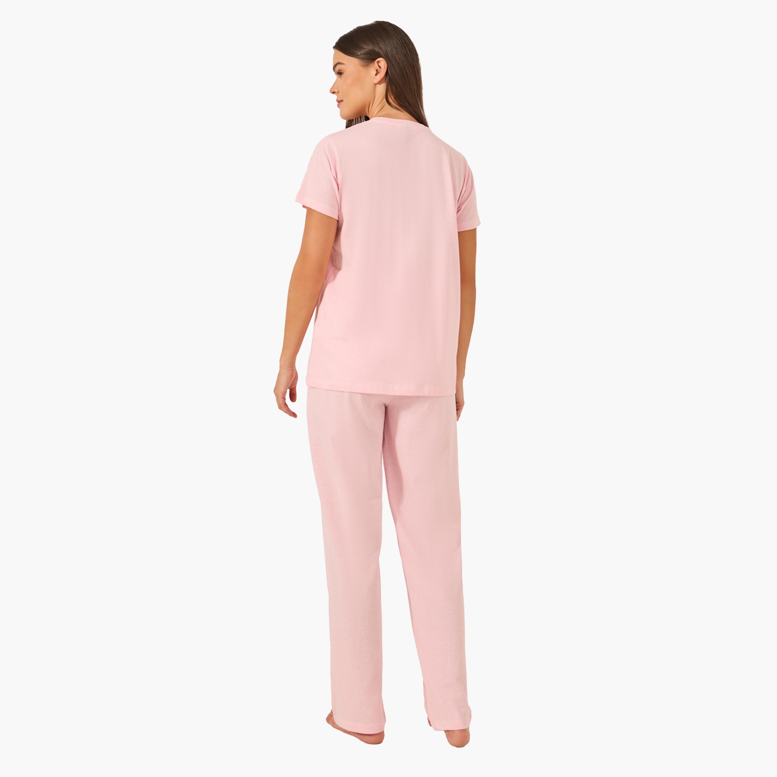 Styli Pink Knitted T-Shirt and Pyjama Set-women-clothing-nightwear-pyjamas-longsets-image-5