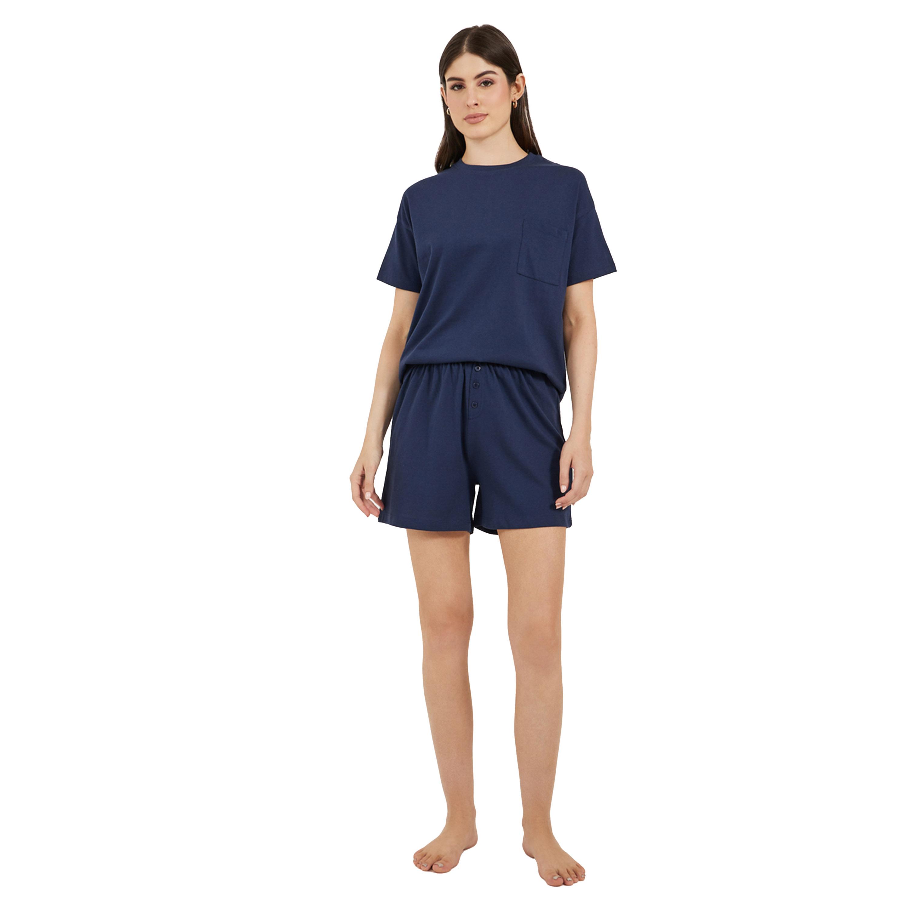 Styli Dropped Shoulder Pocket T-Shirt and Button Placket Pyjama Shorts Set-women-clothing-nightwear-pyjamas-shortsets-image-1