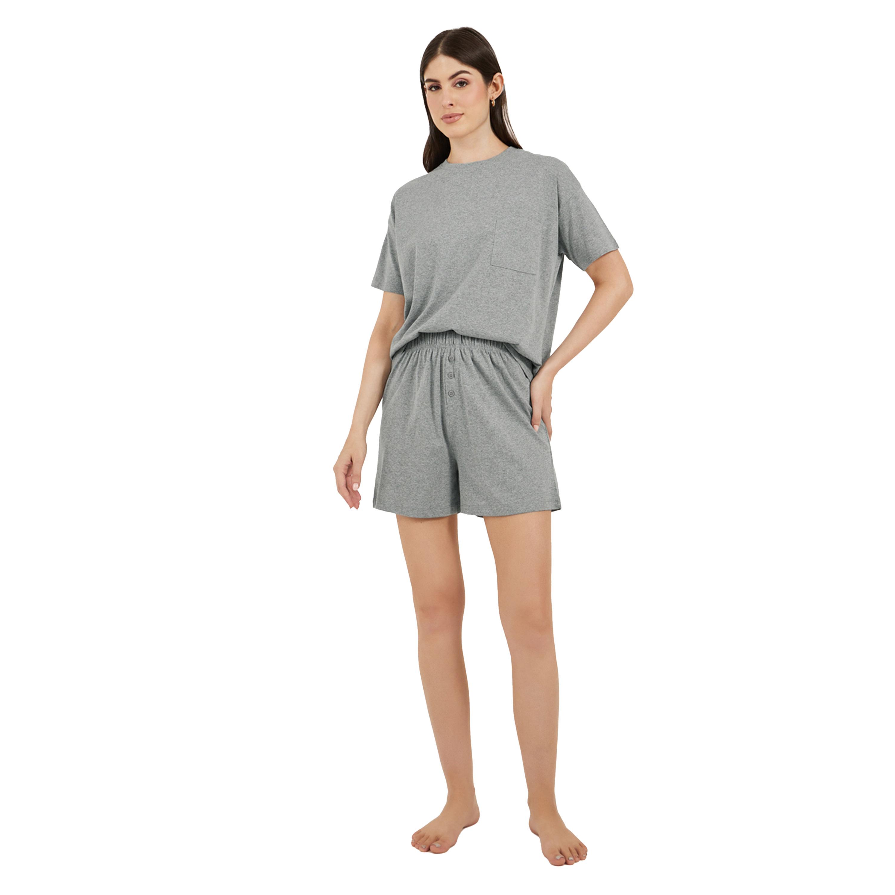 Styli Dropped Shoulder Pocket T-Shirt and Button Placket Pyjama Shorts Set-women-clothing-nightwear-pyjamas-shortsets-image-1