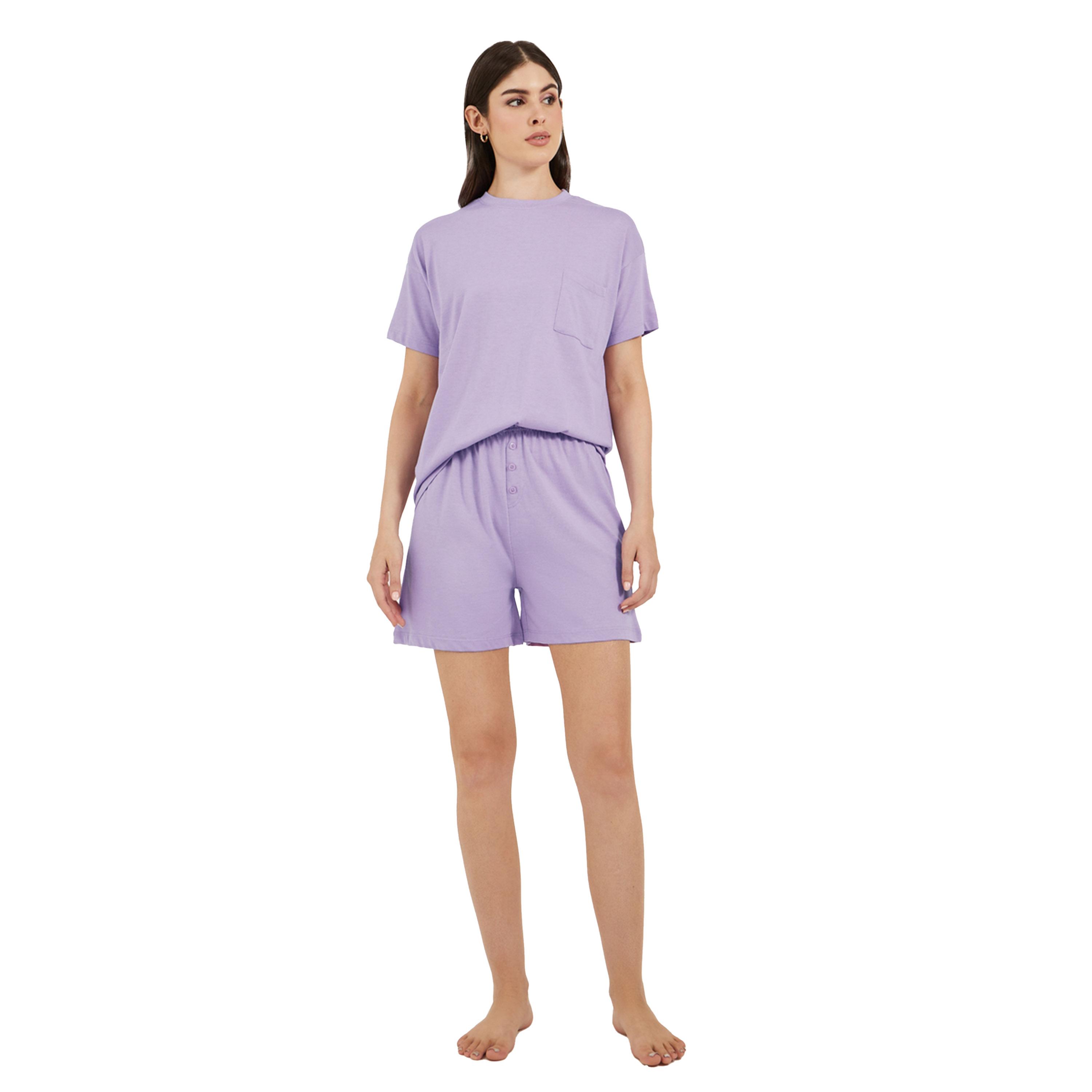 Styli Dropped Shoulder Pocket T-Shirt and Button Placket Pyjama Shorts Set-women-clothing-nightwear-pyjamas-shortsets-image-1